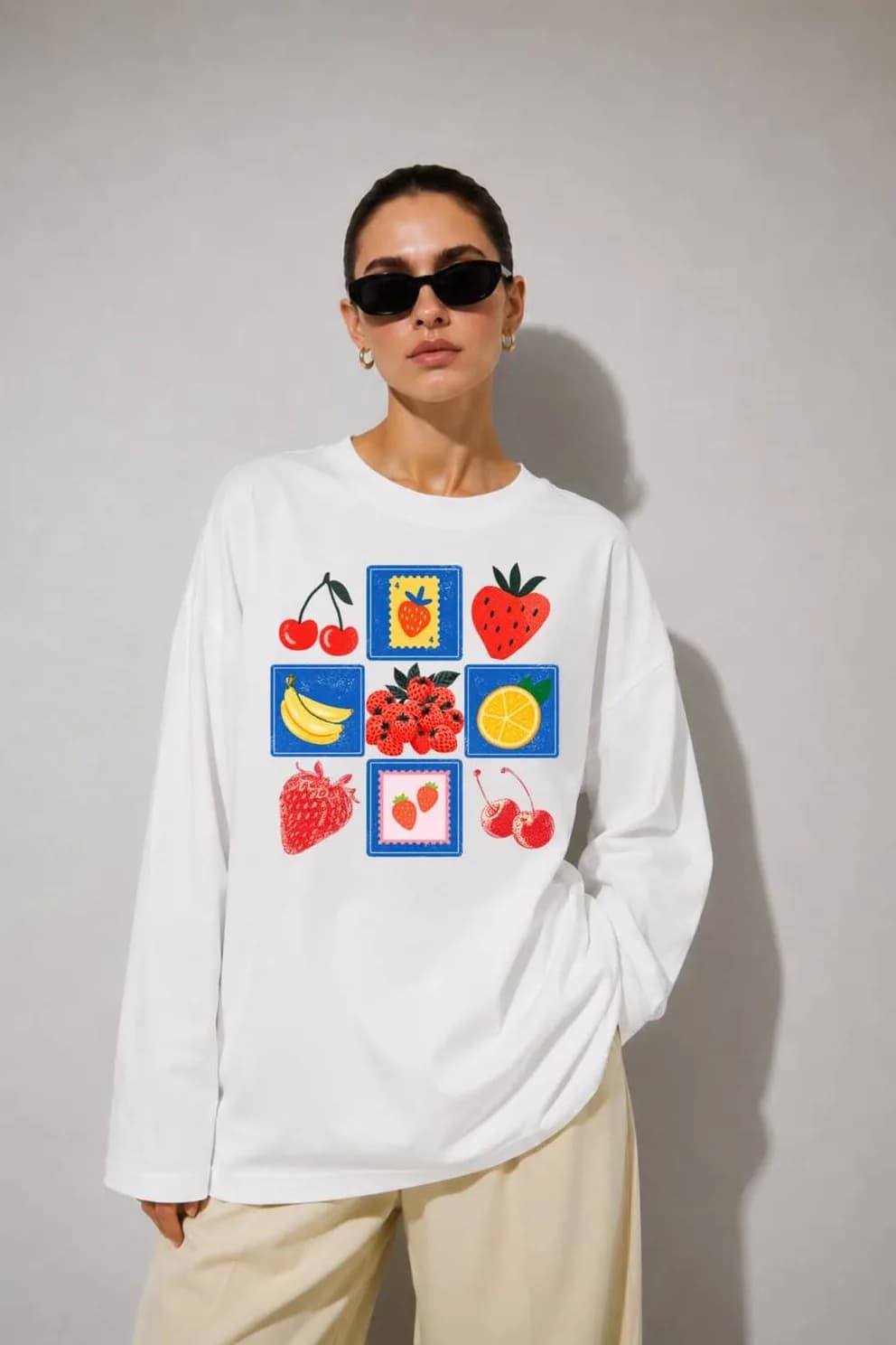 Beyaz Meyve Baskılı Tesettüre Uygun Uzun Kollu T-Shirt — Beyaz — görsel 3