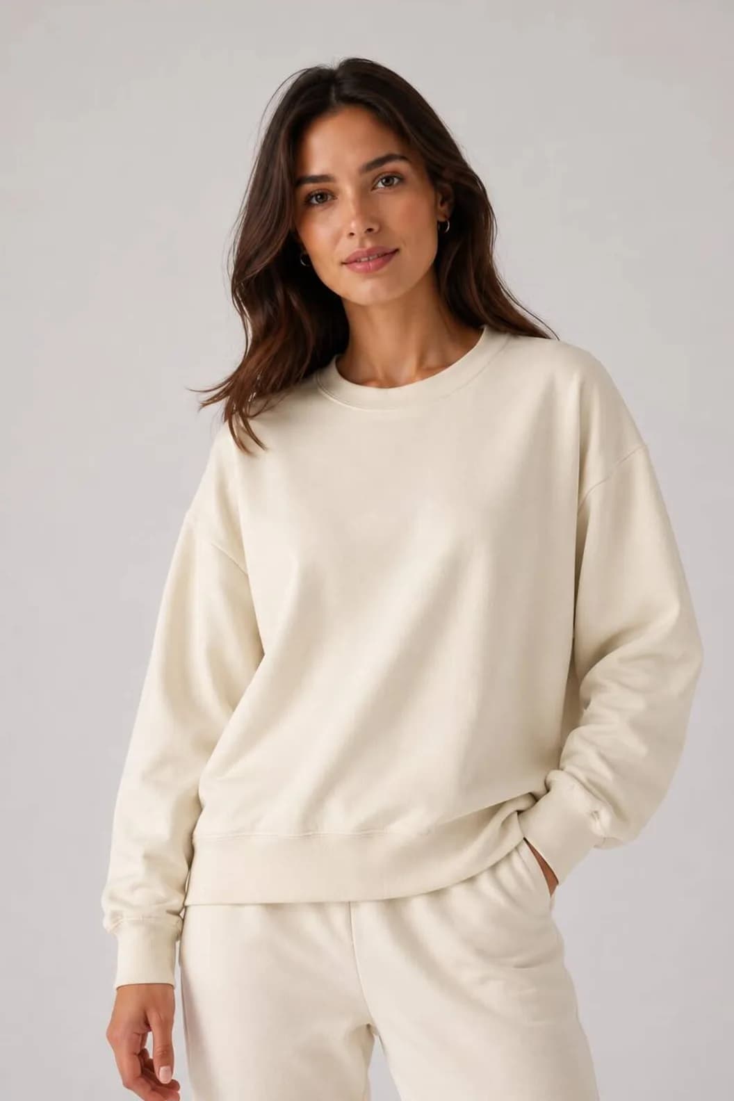 Likralı İki İplik Kumaş Premium Dokulu Kadın Krem Sweatshirt