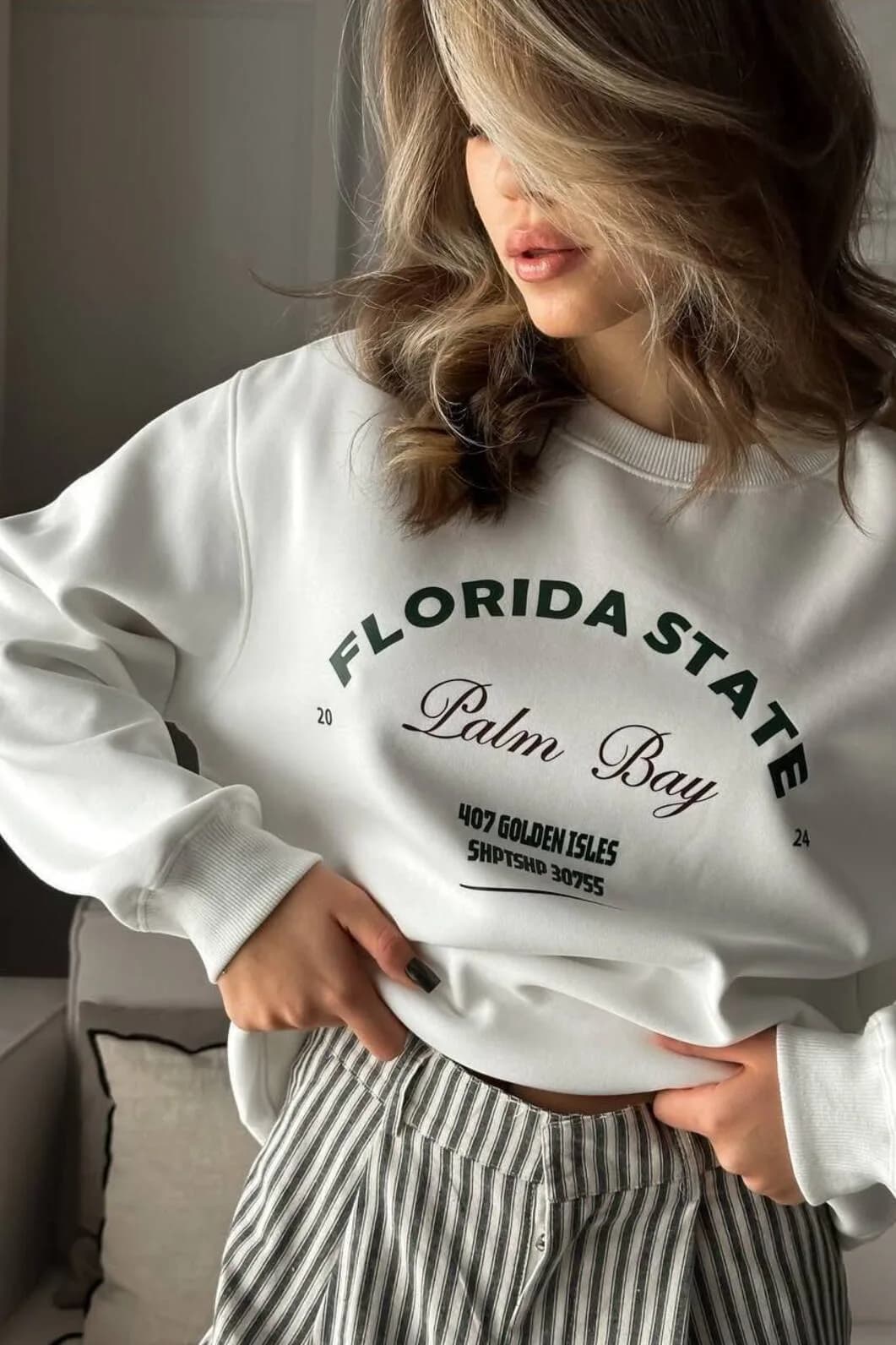 Kadın Beyaz Florida State Baskılı Üç İplik Şardonlu Oversize Sweatshirt