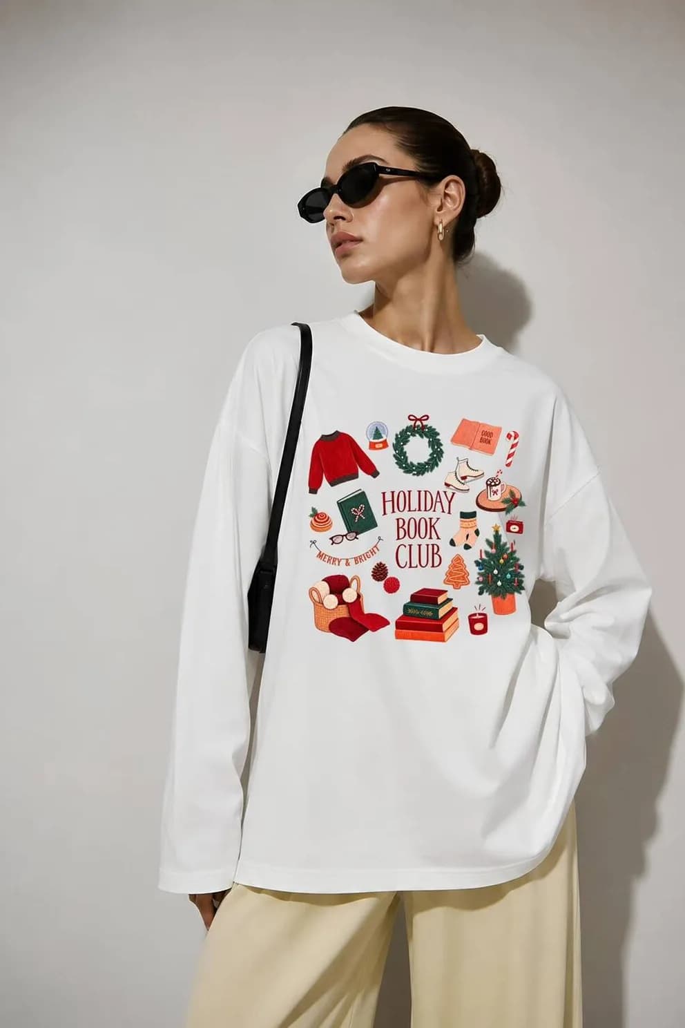 Beyaz Holiday Baskılı Tesettüre Uygun Uzun Kollu T-Shirt