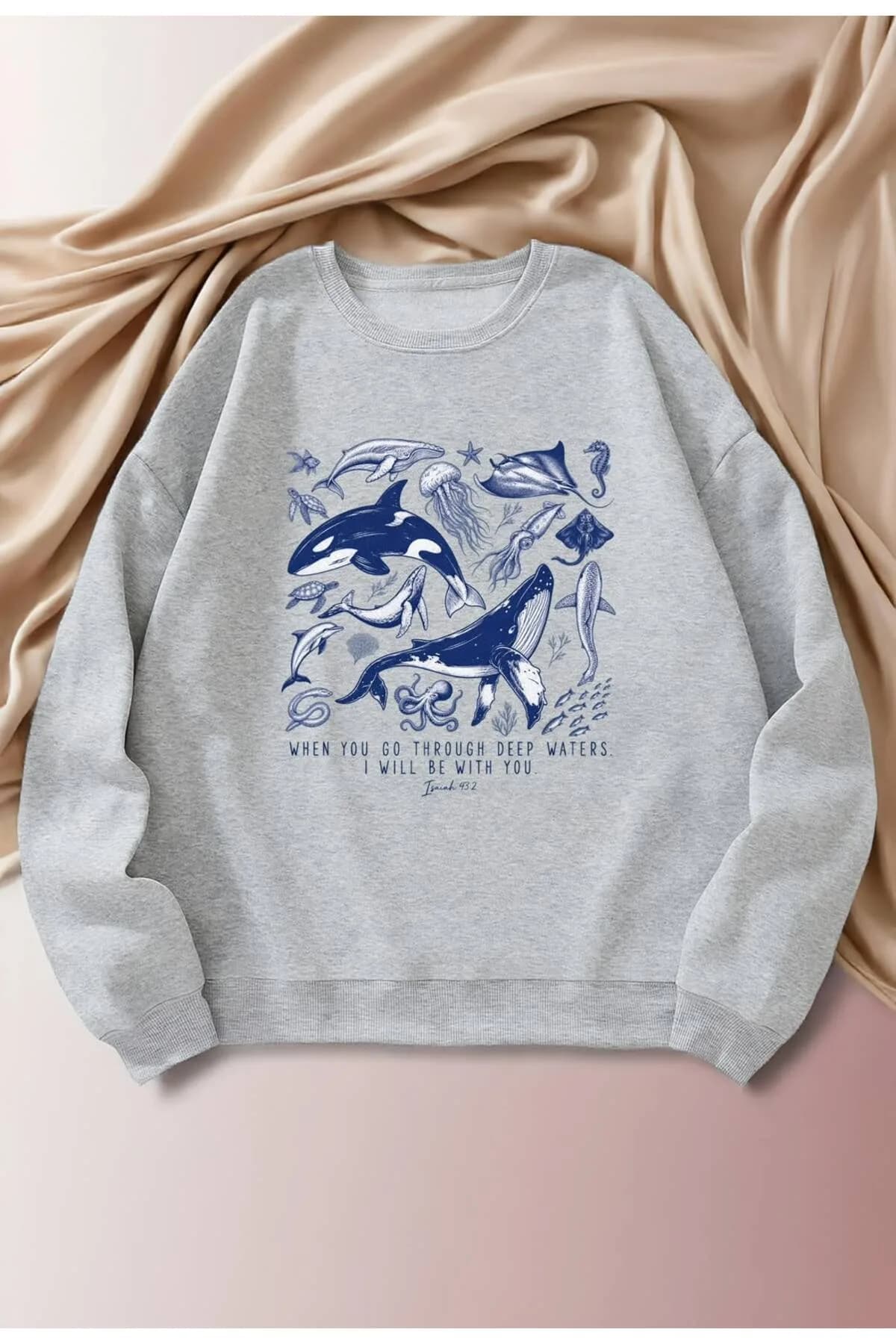 Kadın Balık Baskılı Üç İplik Şardonlu Sweatshirt