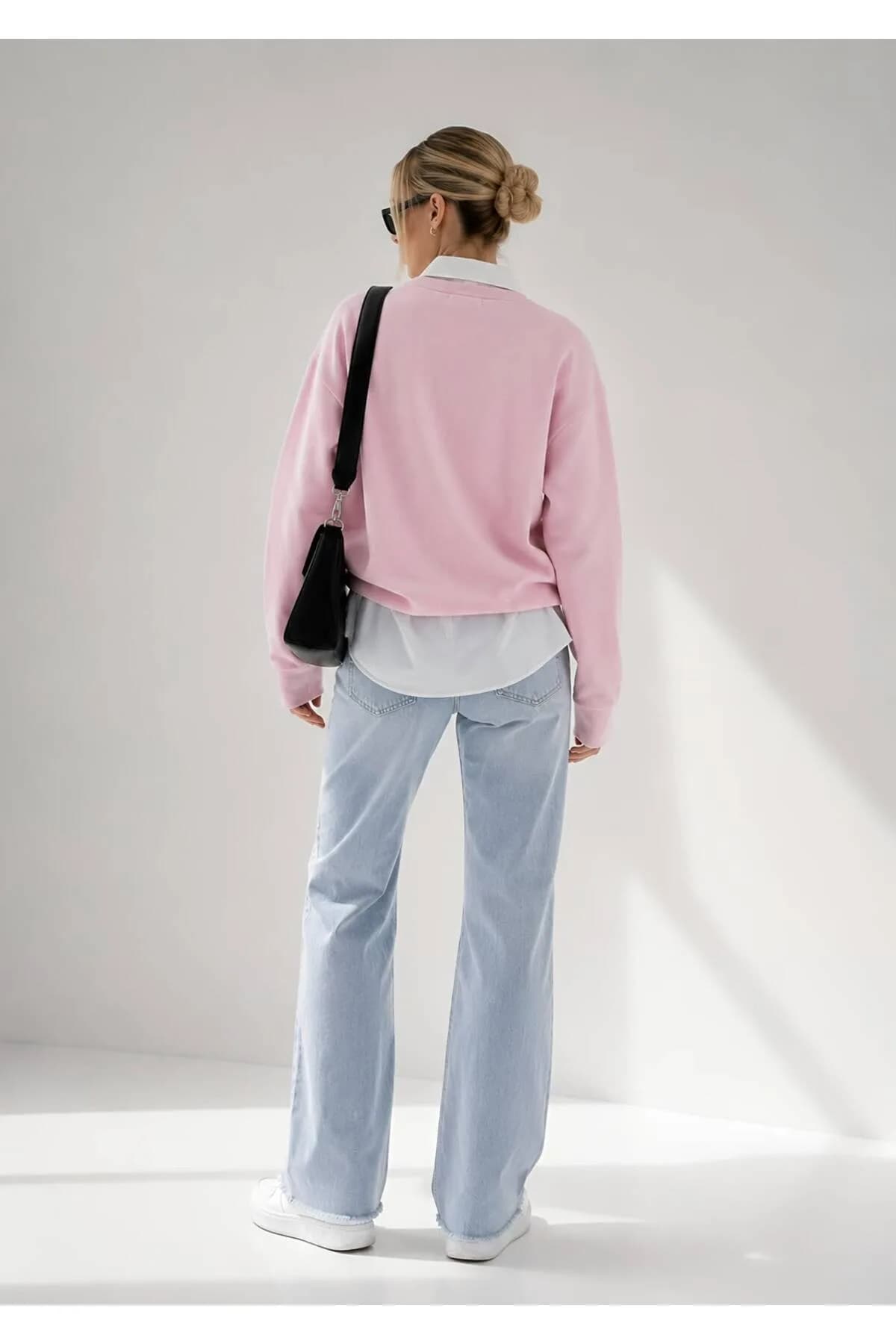 Kadın Üç İplik Şardonlu Pamuk Oversize Sweatshirt — Pembe — görsel 4