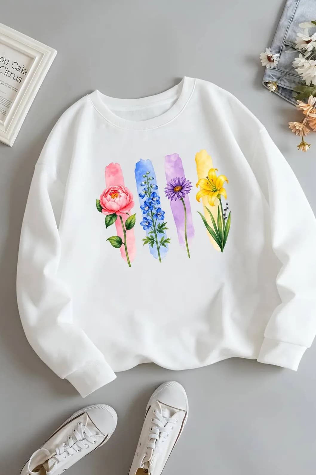 Kadın Botanical Baskılı Üç İplik Şardonlu Sweatshirt