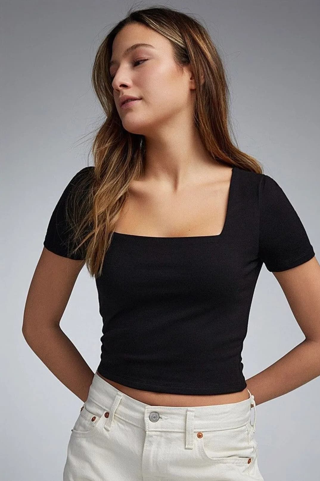 Kadın Kare Yaka İçi Tulumlu Viskon Pamuk Uzun Basic Bluz/Body/T-Shirt/Top