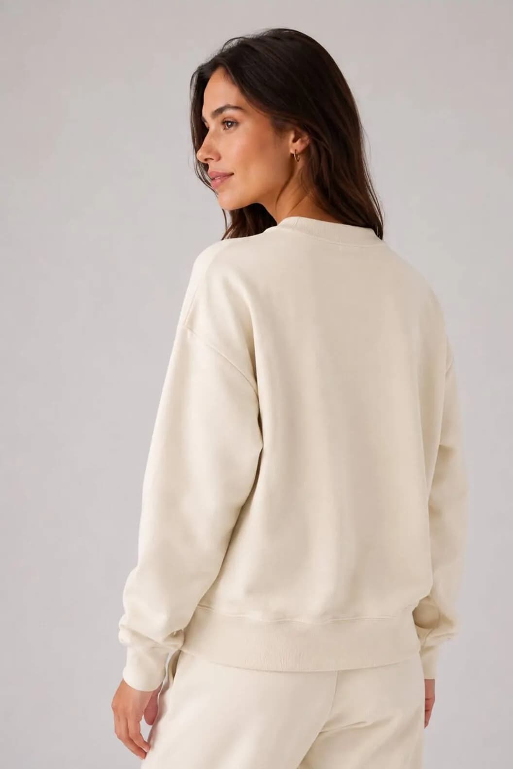 Likralı İki İplik Kumaş Premium Dokulu Kadın Krem Sweatshirt — Krem — görsel 3
