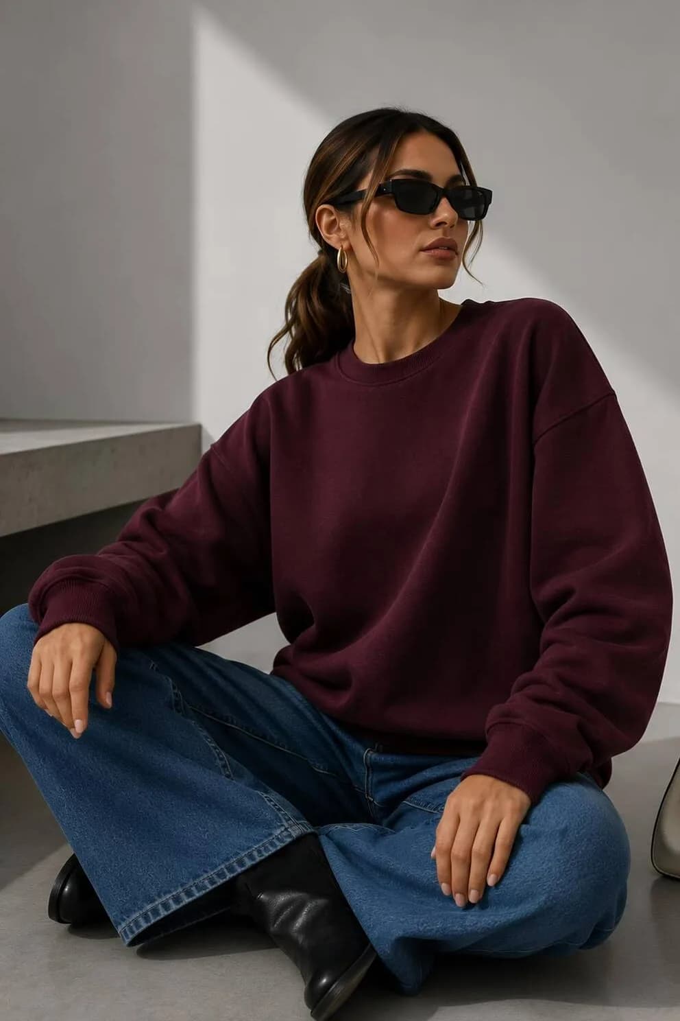Kadın Üç İplik Şardonlu Pamuk Oversize Sweatshirt