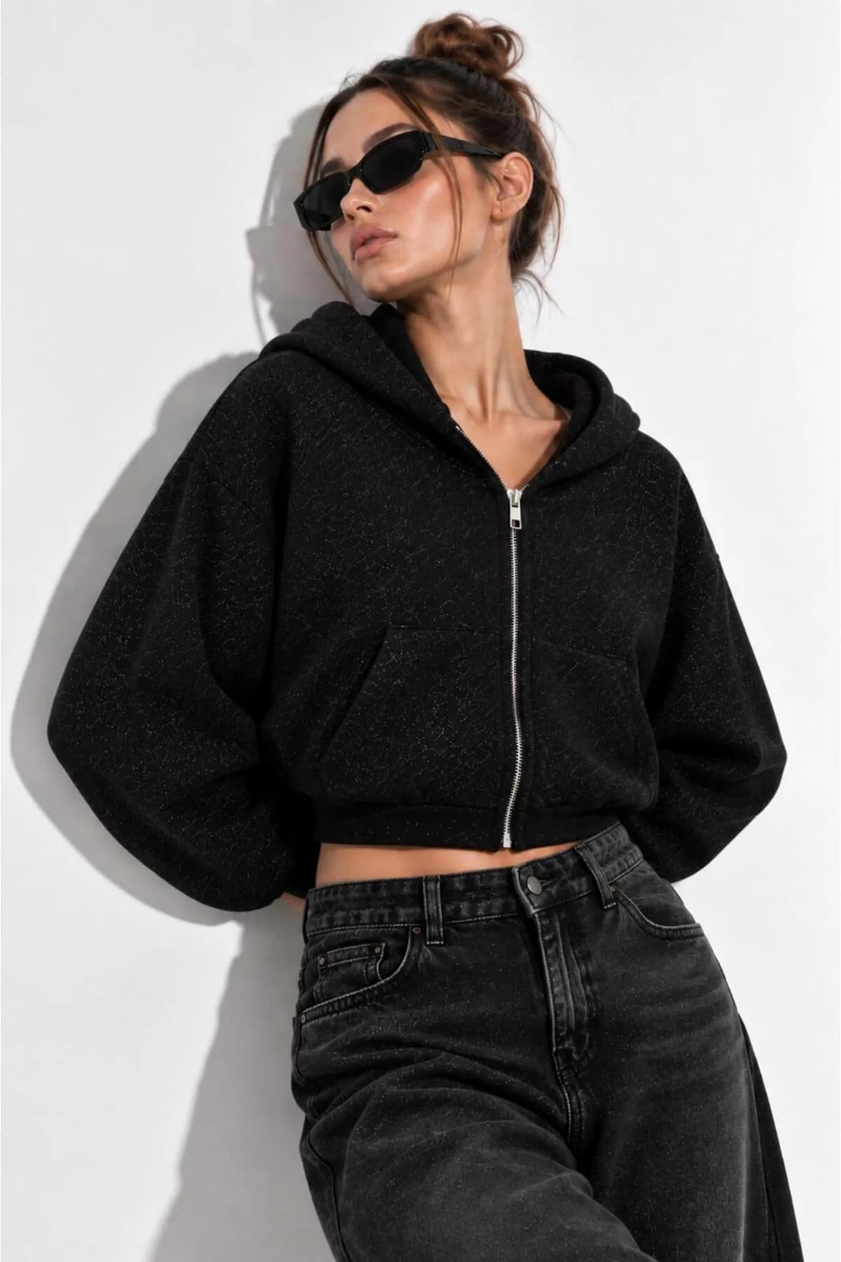 Işıltılı Simli Kapüşonlu Fermuarlı Üç İplik Şardonlu Reglan Kol Sweatshirt