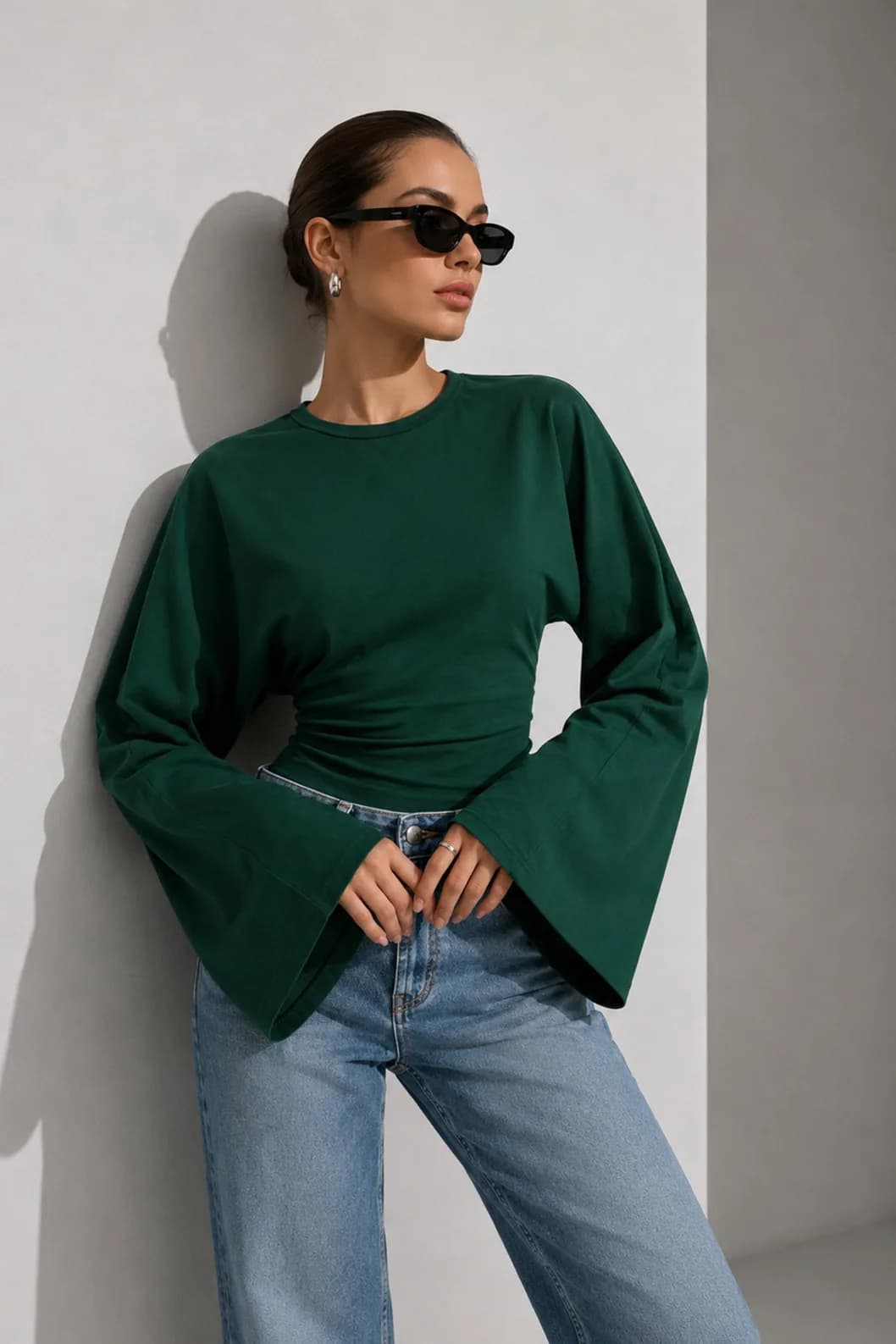 Viskon Pamuk Tesettüre Uygun Bel Oturtmalı Likralı Doğal Bluz / T-Shirt / Top