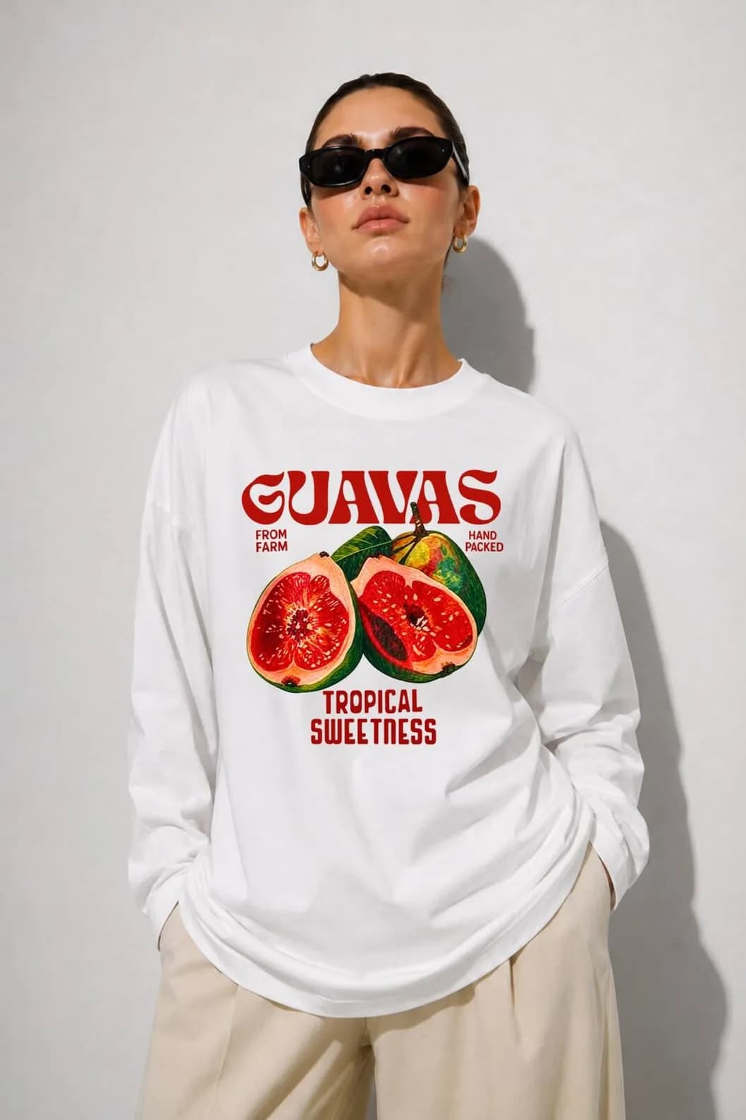 Beyaz İncir Baskılı Tesettüre Uygun Uzun Kollu T-Shirt — Beyaz — görsel 3