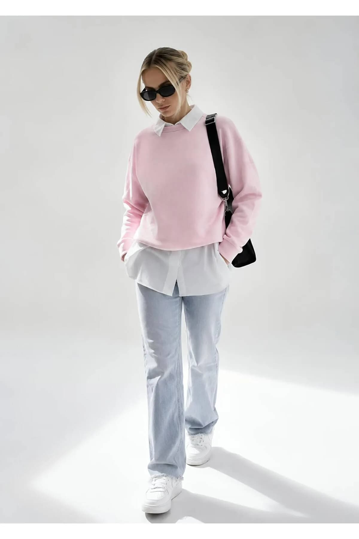 Kadın Üç İplik Şardonlu Pamuk Oversize Sweatshirt — Pembe — görsel 3
