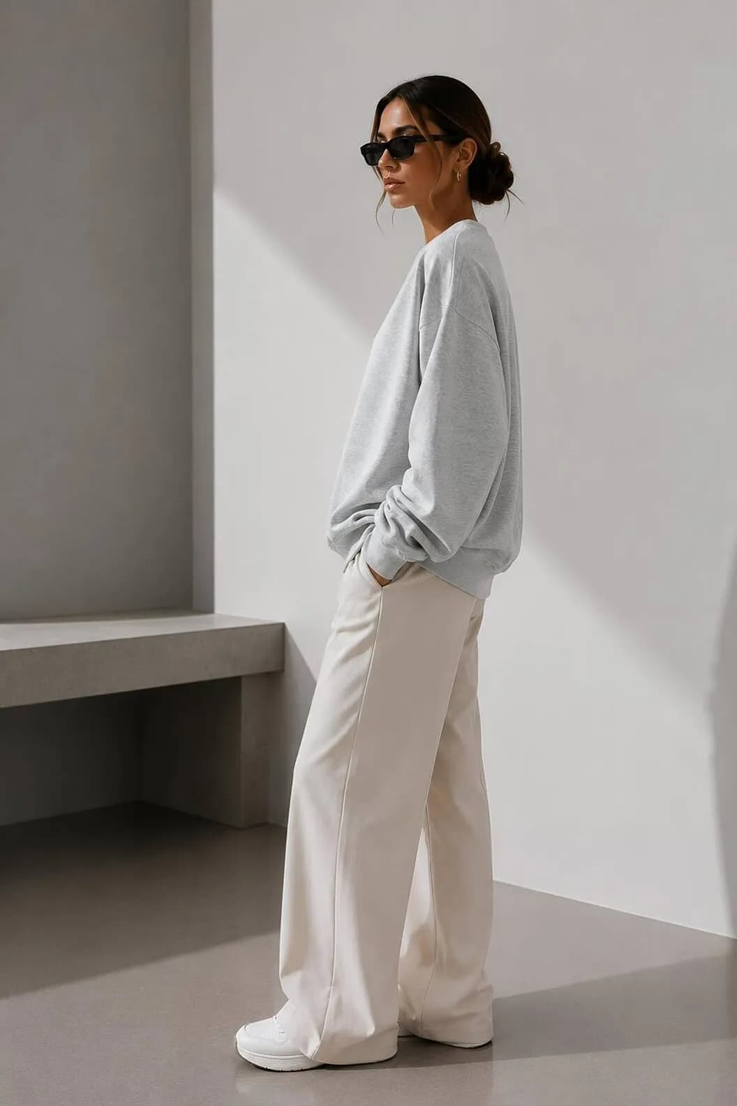 Kadın Üç İplik Şardonlu Pamuk Oversize Sweatshirt — Karmelanj Gri — görsel 4