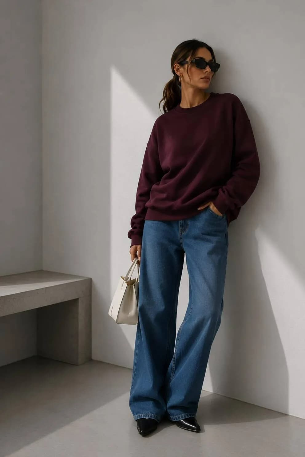 Kadın Üç İplik Şardonlu Pamuk Oversize Sweatshirt — Bordo — görsel 3