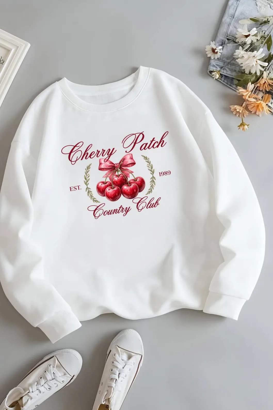 Kadın Cherry Patch Baskılı Üç İplik Şardonlu Sweatshirt