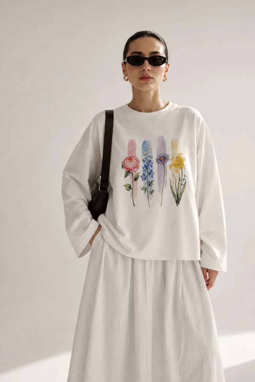 Beyaz Botanical Baskılı Tesettüre Uygun Uzun Kollu T-Shirt