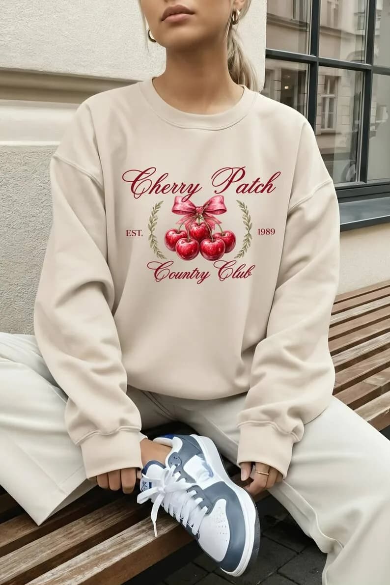 Kadın Cherry Patch Baskılı Üç İplik Şardonlu Sweatshirt