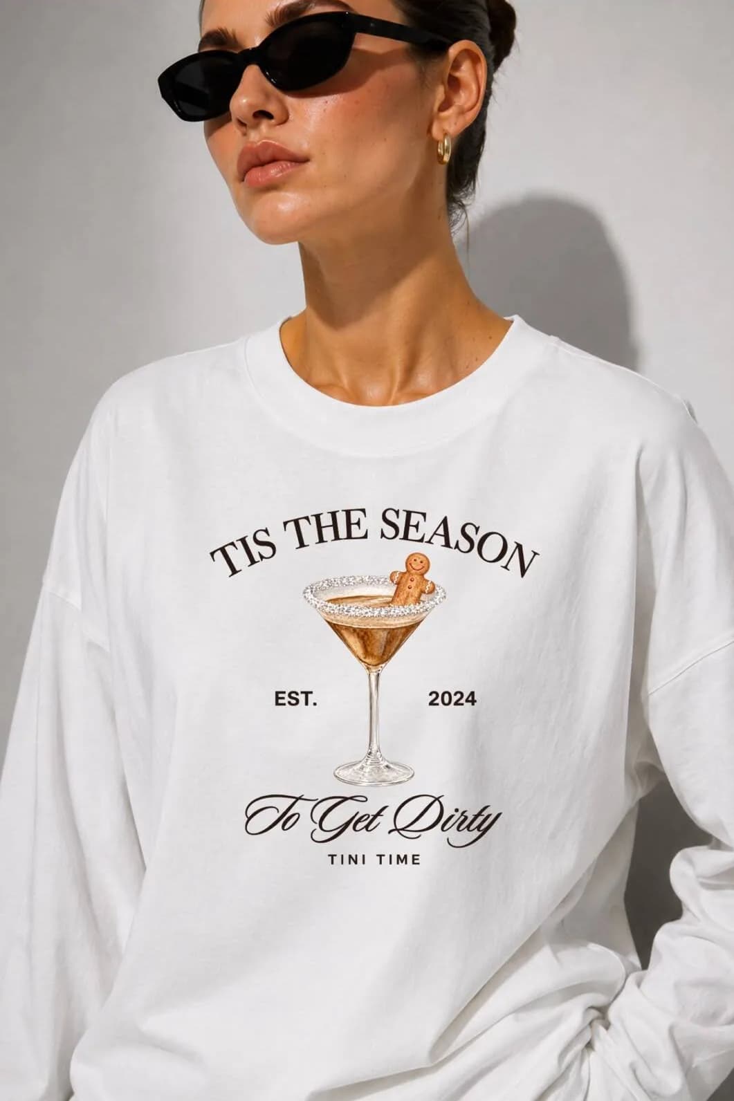 Beyaz Martini Baskılı Tesettüre Uygun Uzun Kollu T-Shirt
