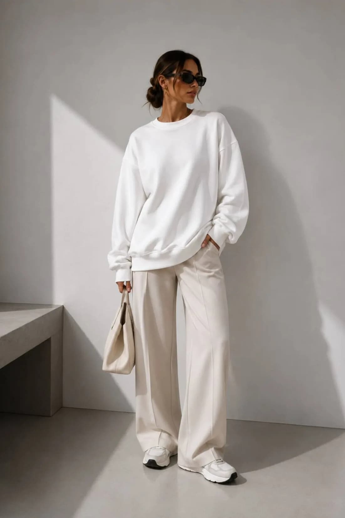 Kadın Üç İplik Şardonlu Pamuk Oversize Sweatshirt — Beyaz — görsel 3