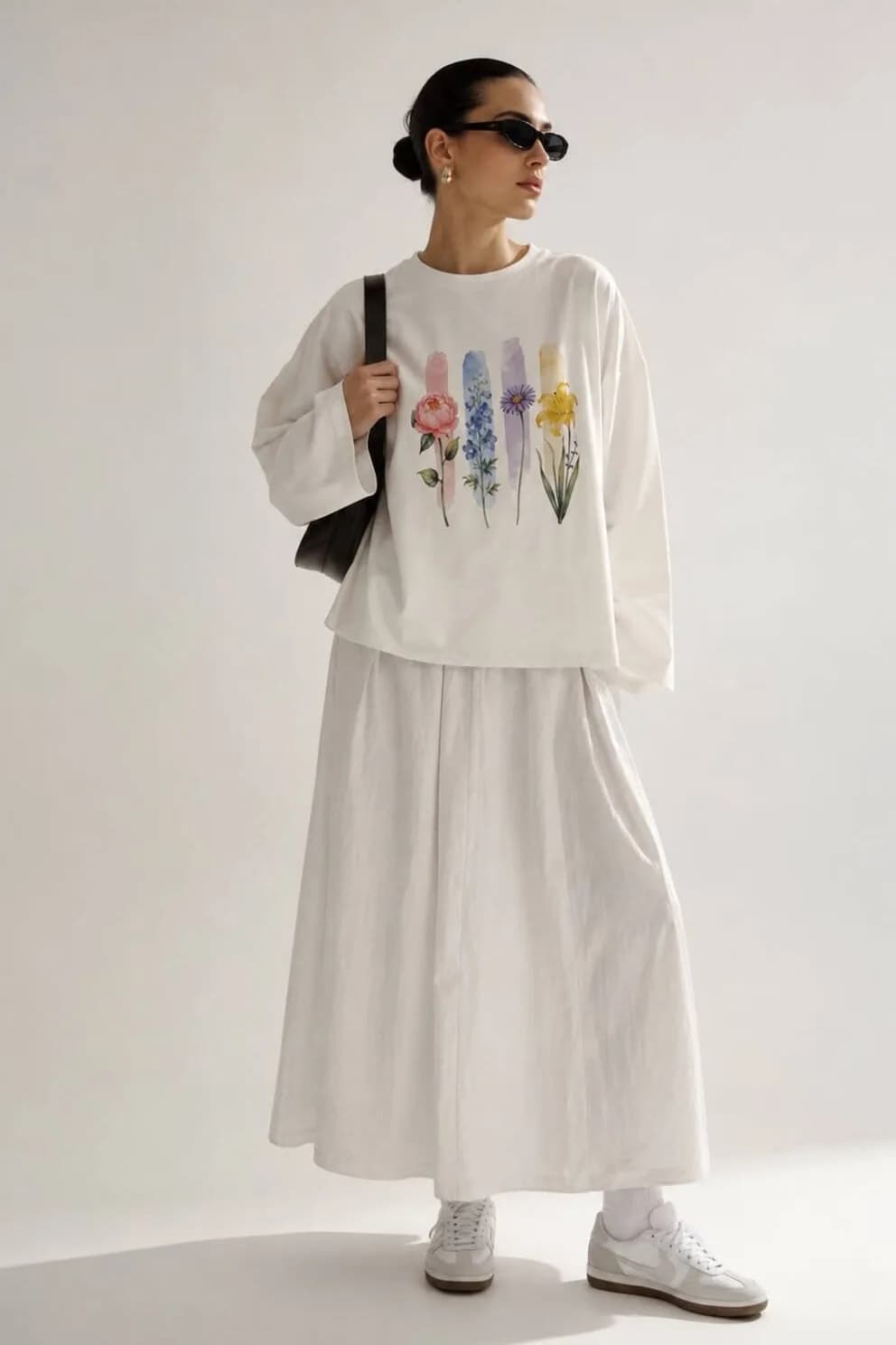 Beyaz Botanical Baskılı Tesettüre Uygun Uzun Kollu T-Shirt — Beyaz — görsel 3