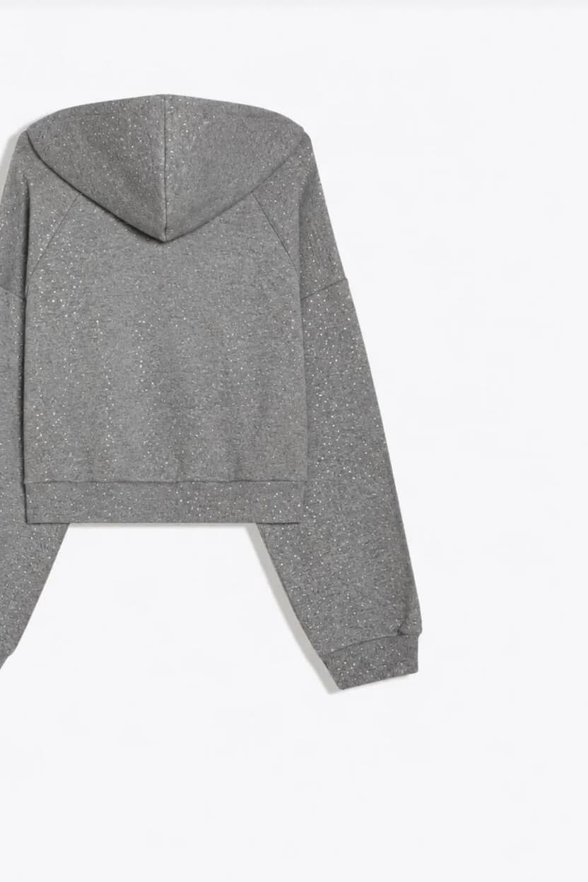 Işıltılı Simli Kapüşonlu Fermuarlı Üç İplik Şardonlu Reglan Kol Sweatshirt — Gri — görsel 3