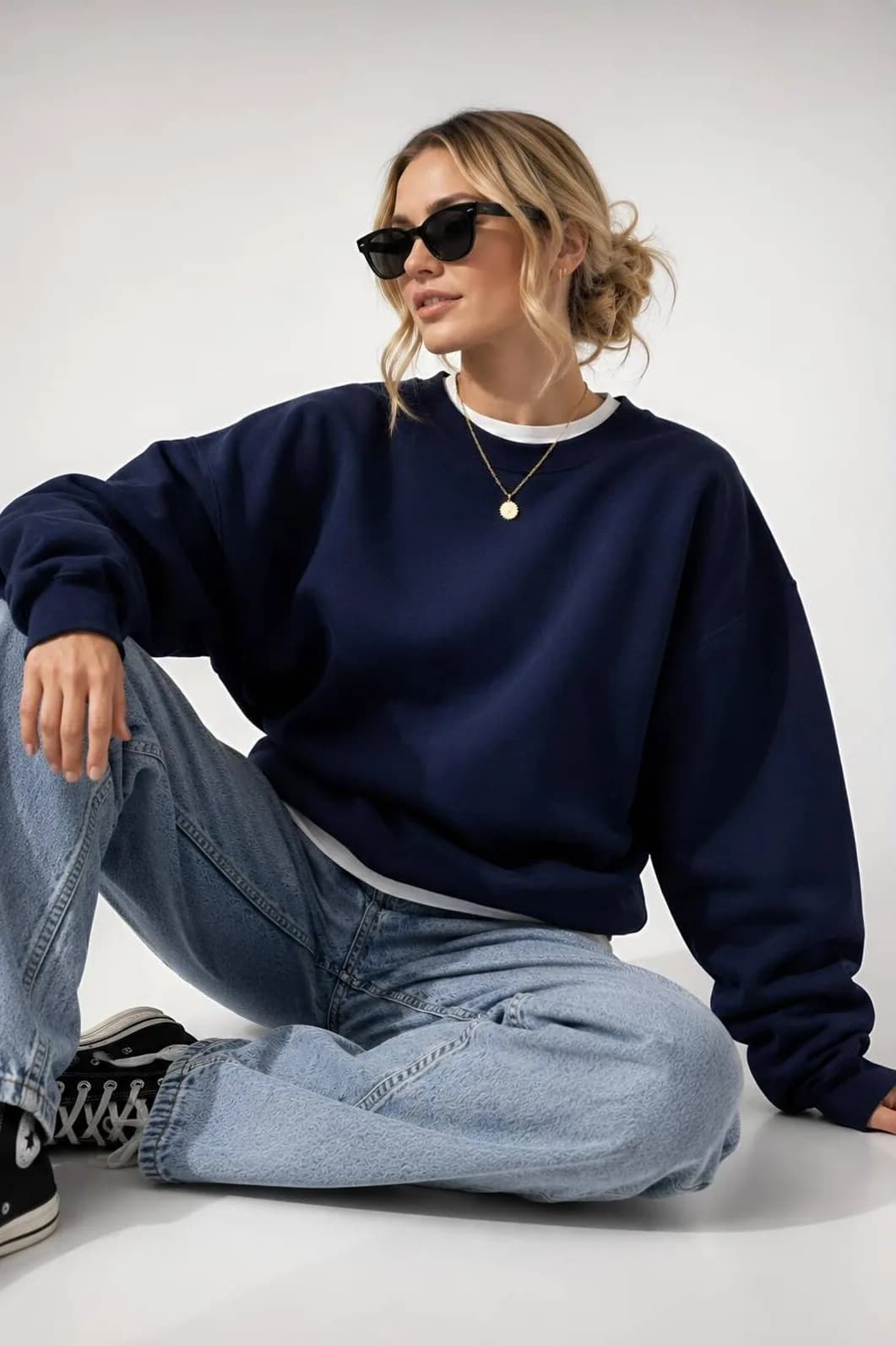 Kadın Üç İplik Şardonlu Pamuk Oversize Sweatshirt — Lacivert — görsel 3