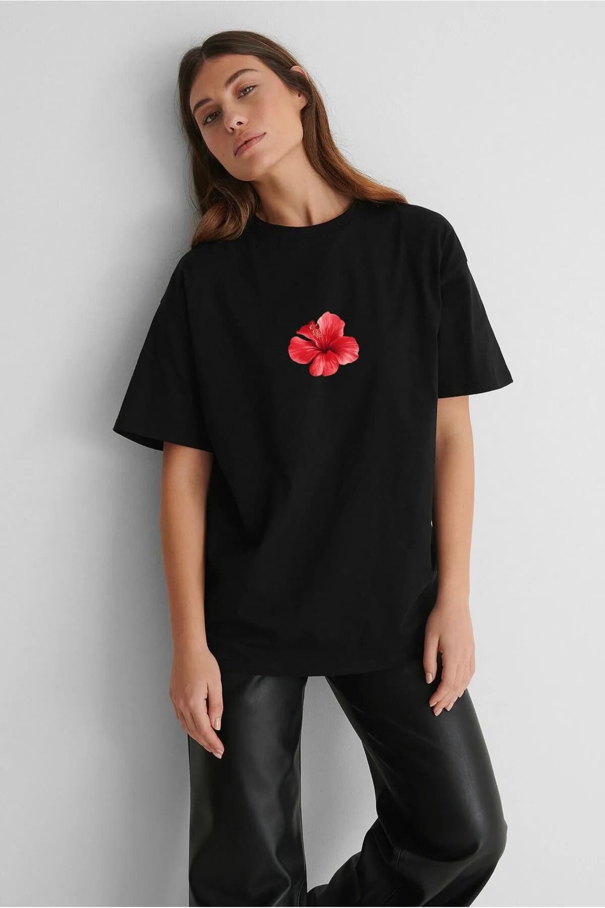 Clean Girl Style Gül Baskılı Oversize Pamuklu T-Shirt