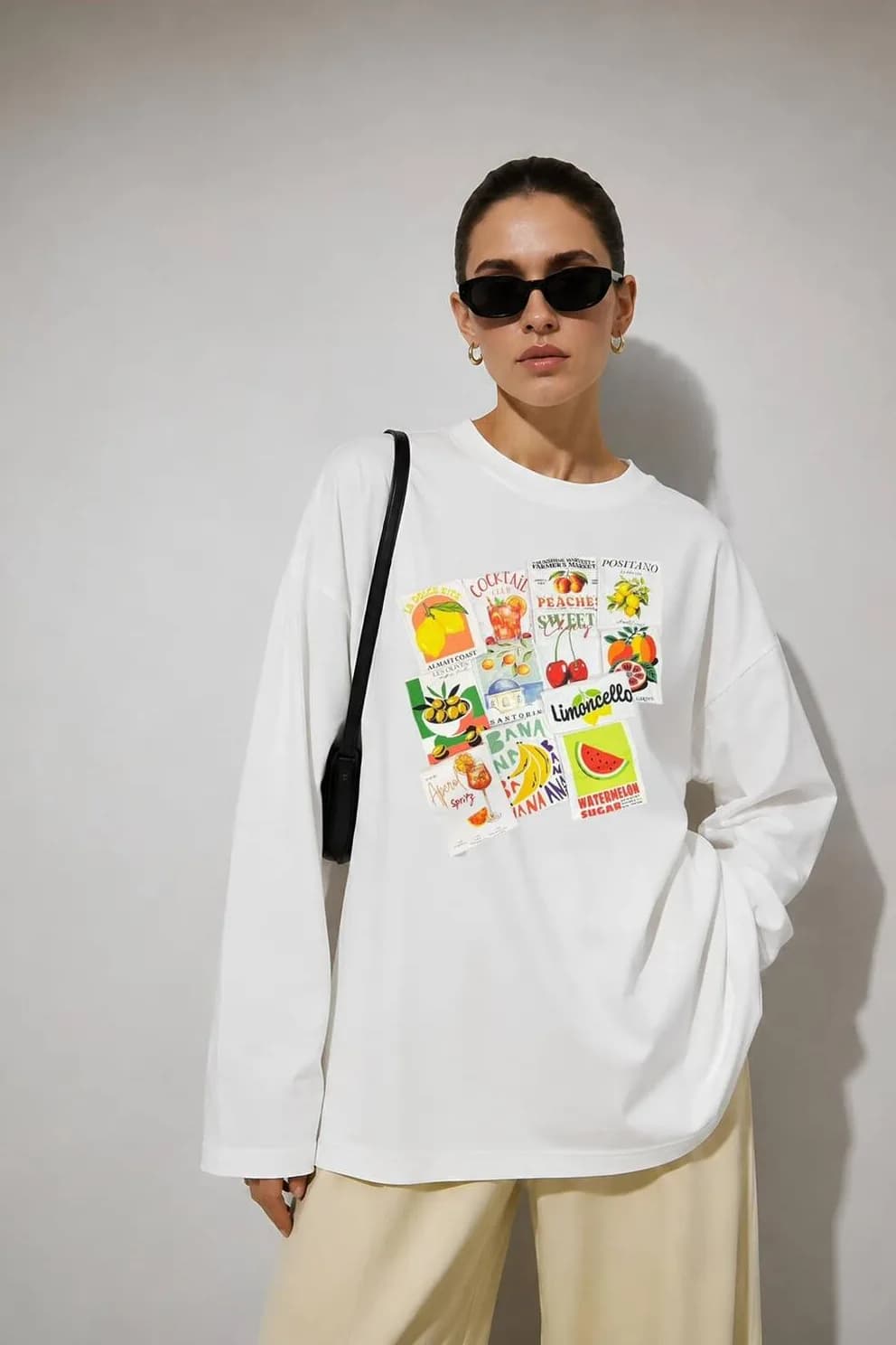Beyaz Amalfi Dolce Vita Baskılı Tesettüre Uygun Uzun Kollu T-Shirt