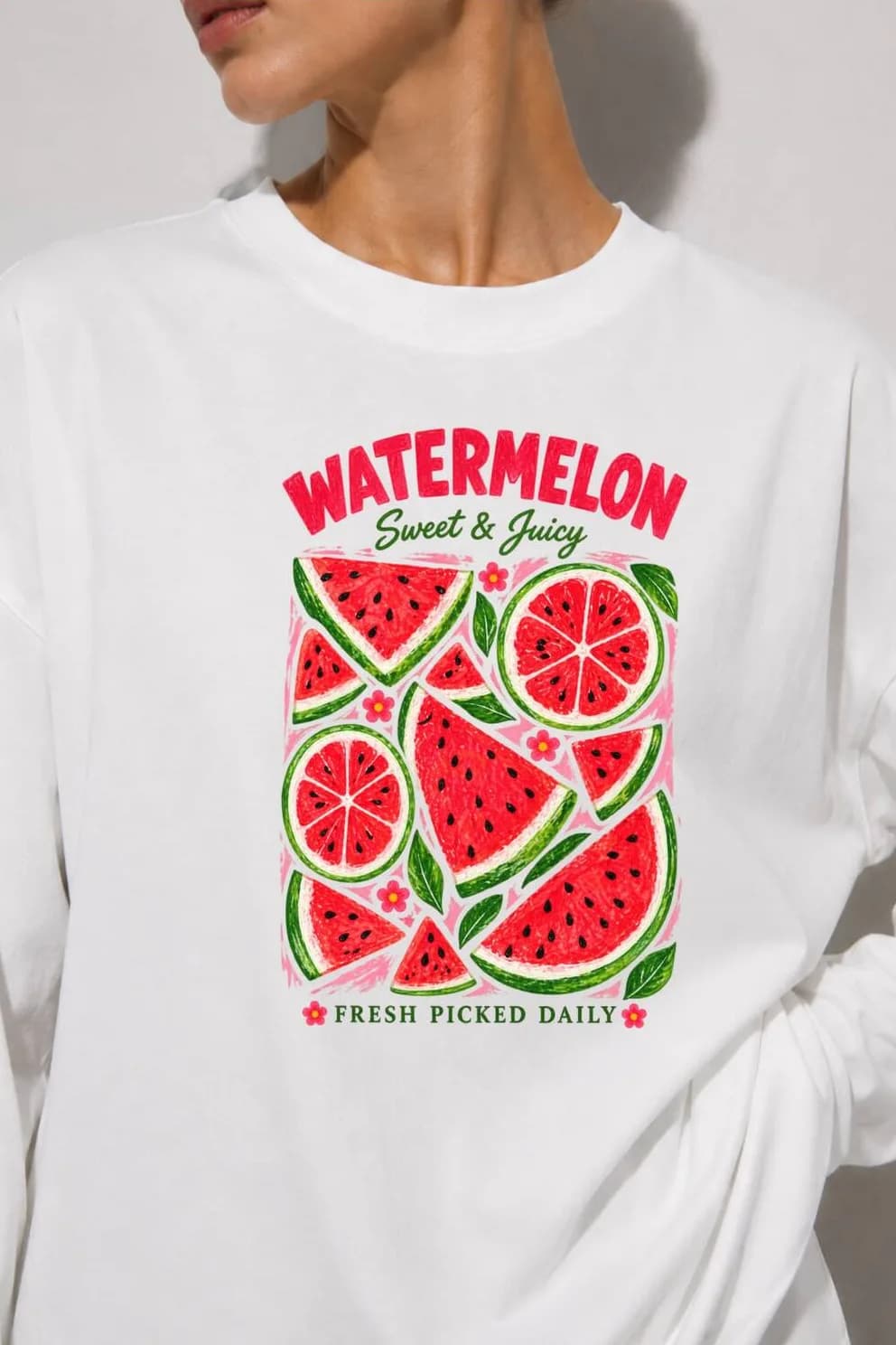 Beyaz Karpuz Baskılı Tesettüre Uygun Uzun Kollu T-Shirt — Beyaz — görsel 3