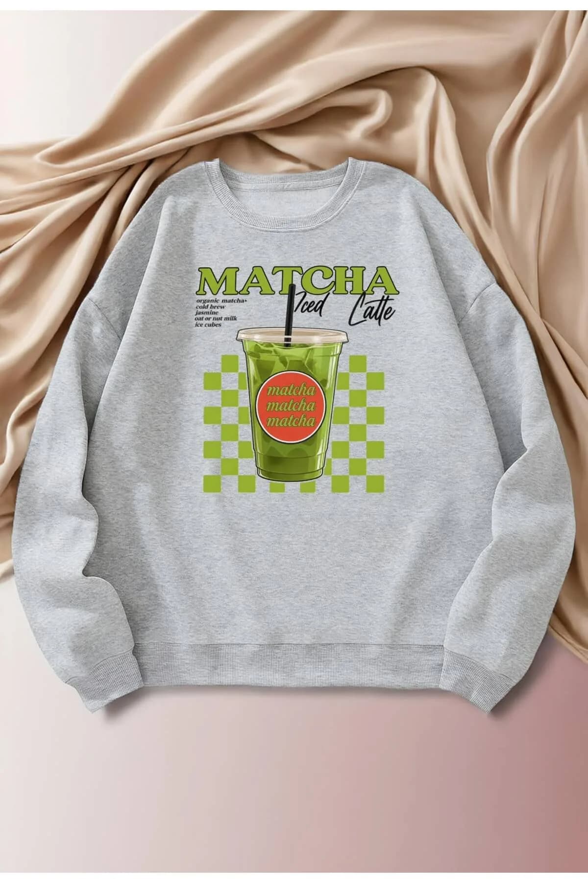 Kadın Matcha Baskılı Üç İplik Şardonlu Sweatshirt — Gri