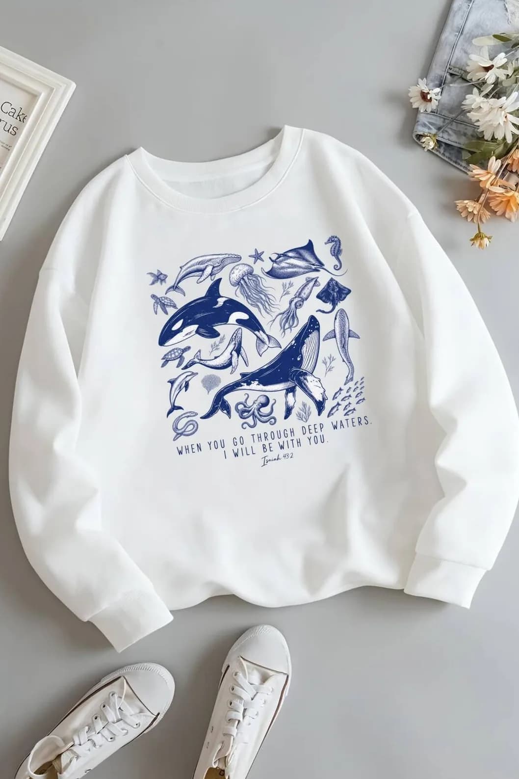 Kadın Balık Baskılı Üç İplik Şardonlu Sweatshirt