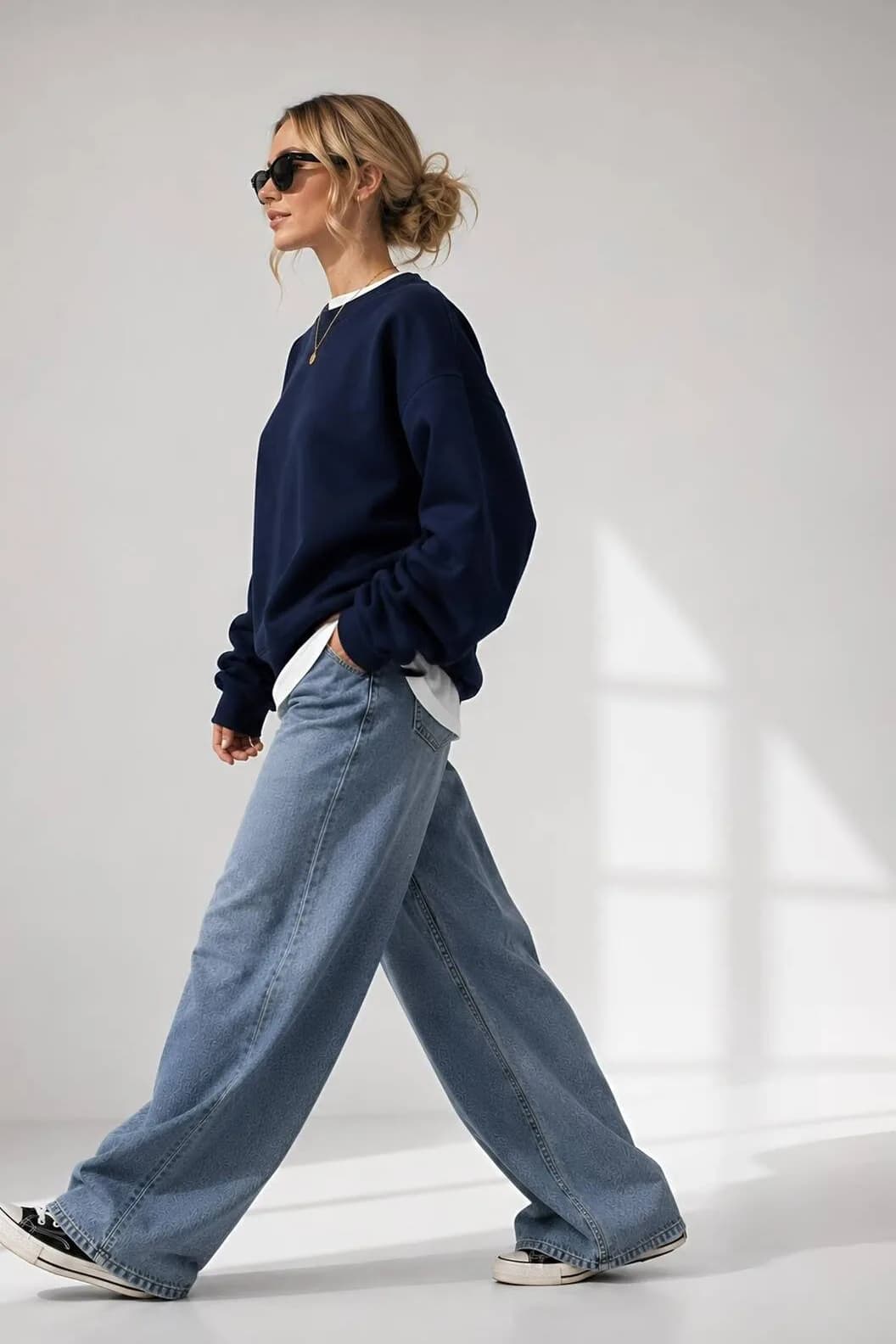 Kadın Üç İplik Şardonlu Pamuk Oversize Sweatshirt — Lacivert — görsel 4