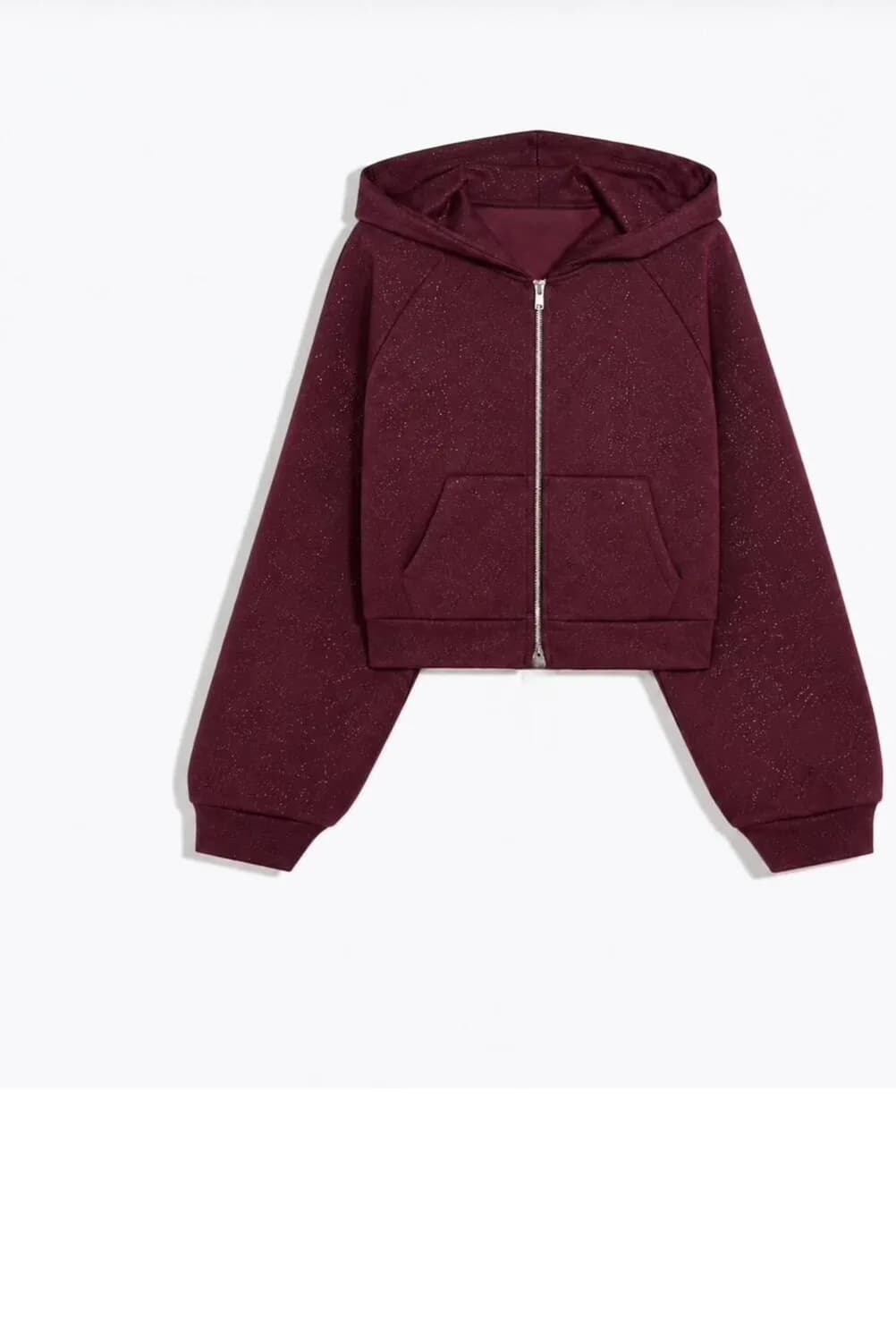 Işıltılı Simli Kapüşonlu Fermuarlı Üç İplik Şardonlu Reglan Kol Sweatshirt — Bordo