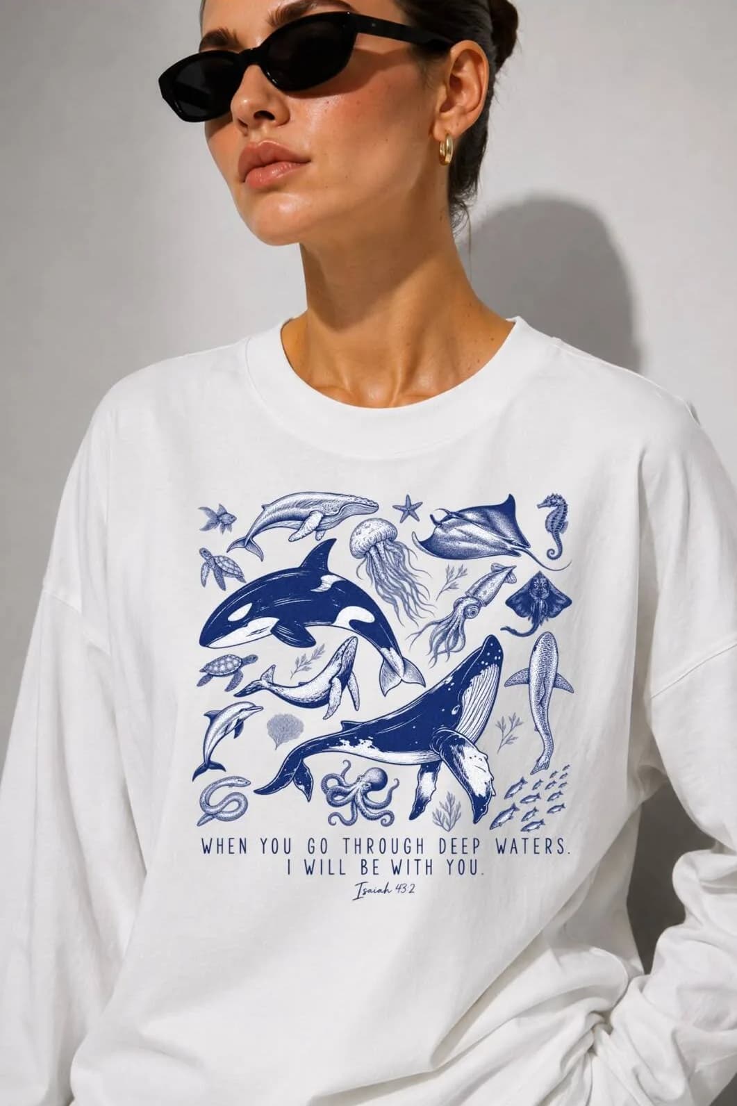 Beyaz Balık Baskılı Tesettüre Uygun Uzun Kollu T-Shirt — Beyaz — görsel 3