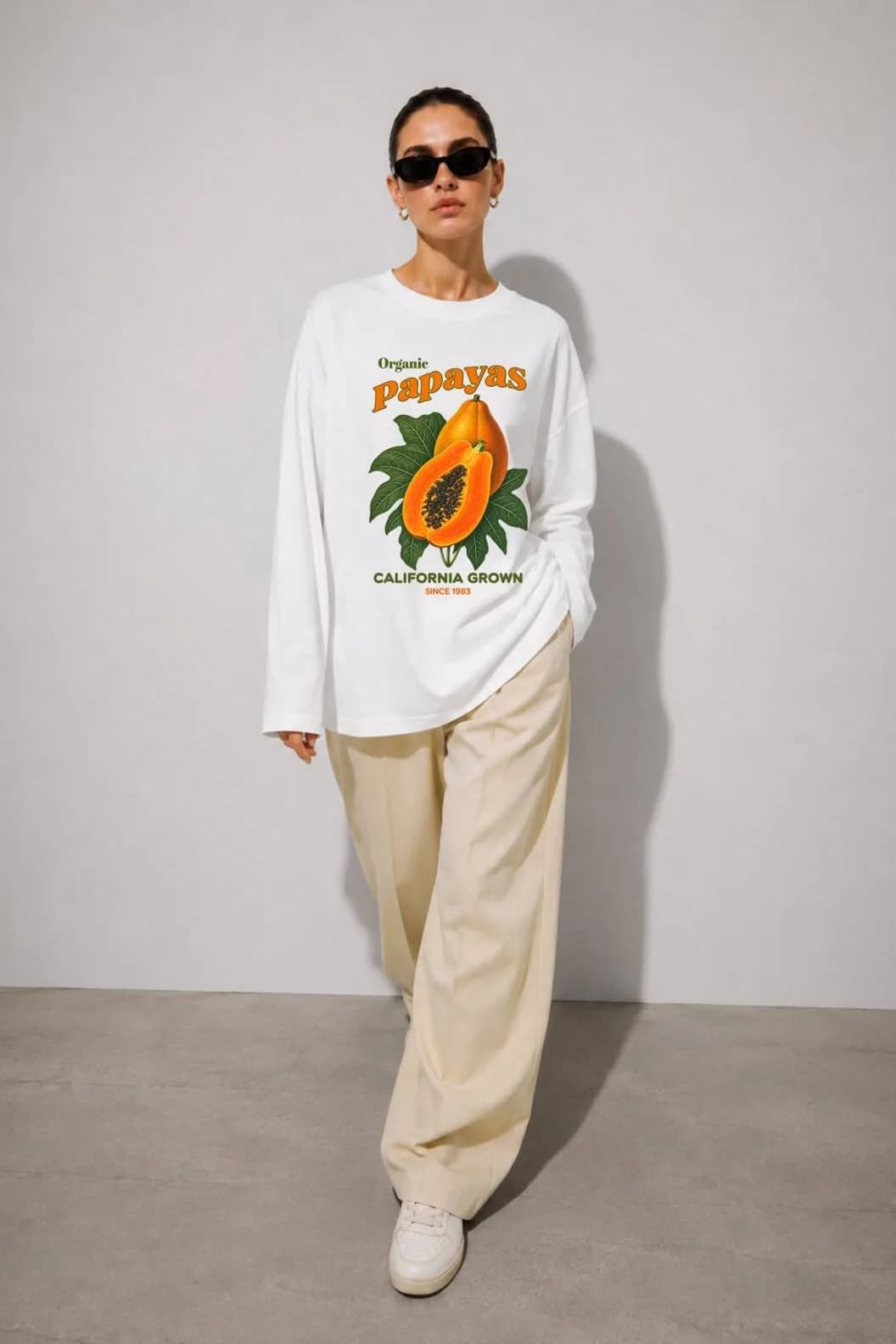 Beyaz Papaya Baskılı Tesettüre Uygun Uzun Kollu T-Shirt
