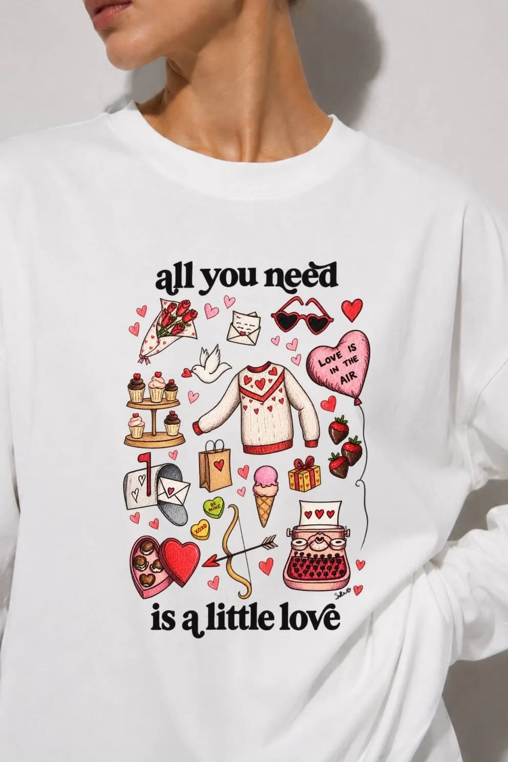 Beyaz Little Love Baskılı Tesettüre Uygun Uzun Kollu T-Shirt