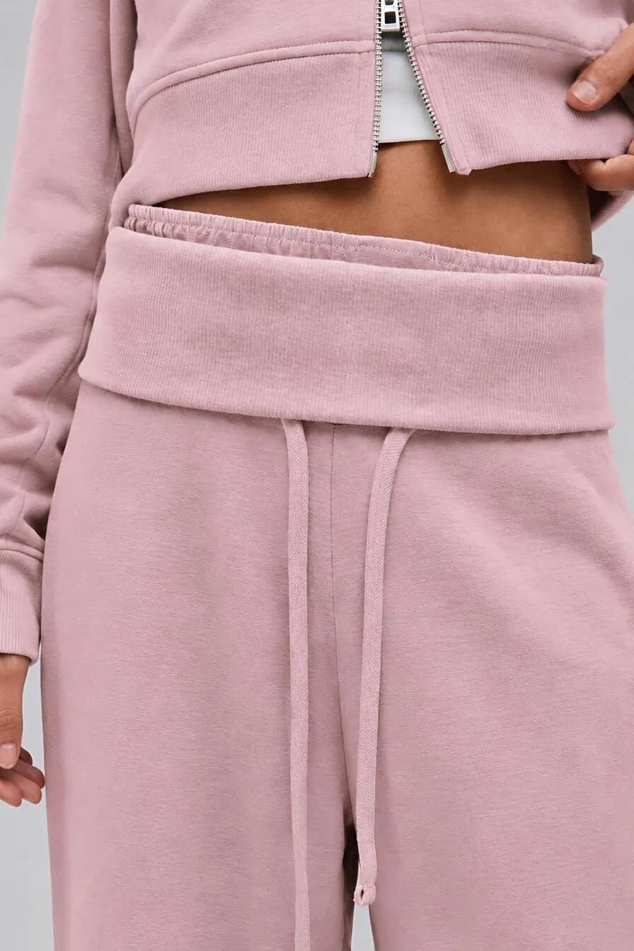 Üç İplik Şardonlu Kıvrımlı Kaşkorse Bel Cepli Ayarlanabilir Lastikli Ultra Bol Barrel Fit Baggy Pantolon / Eşofman Altı — Pembe — görsel 3