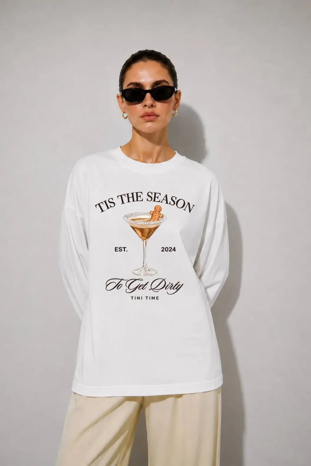 Beyaz Martini Baskılı Tesettüre Uygun Uzun Kollu T-Shirt — Beyaz — görsel 3