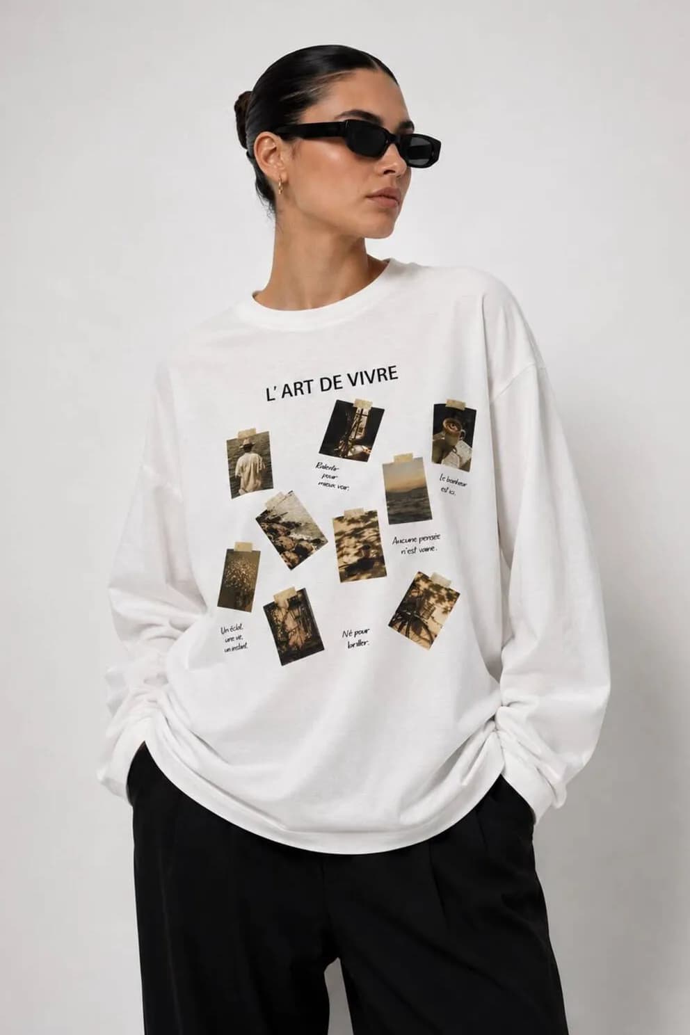 Beyaz Görsel Baskılı Tesettüre Uygun Uzun Kollu T-Shirt