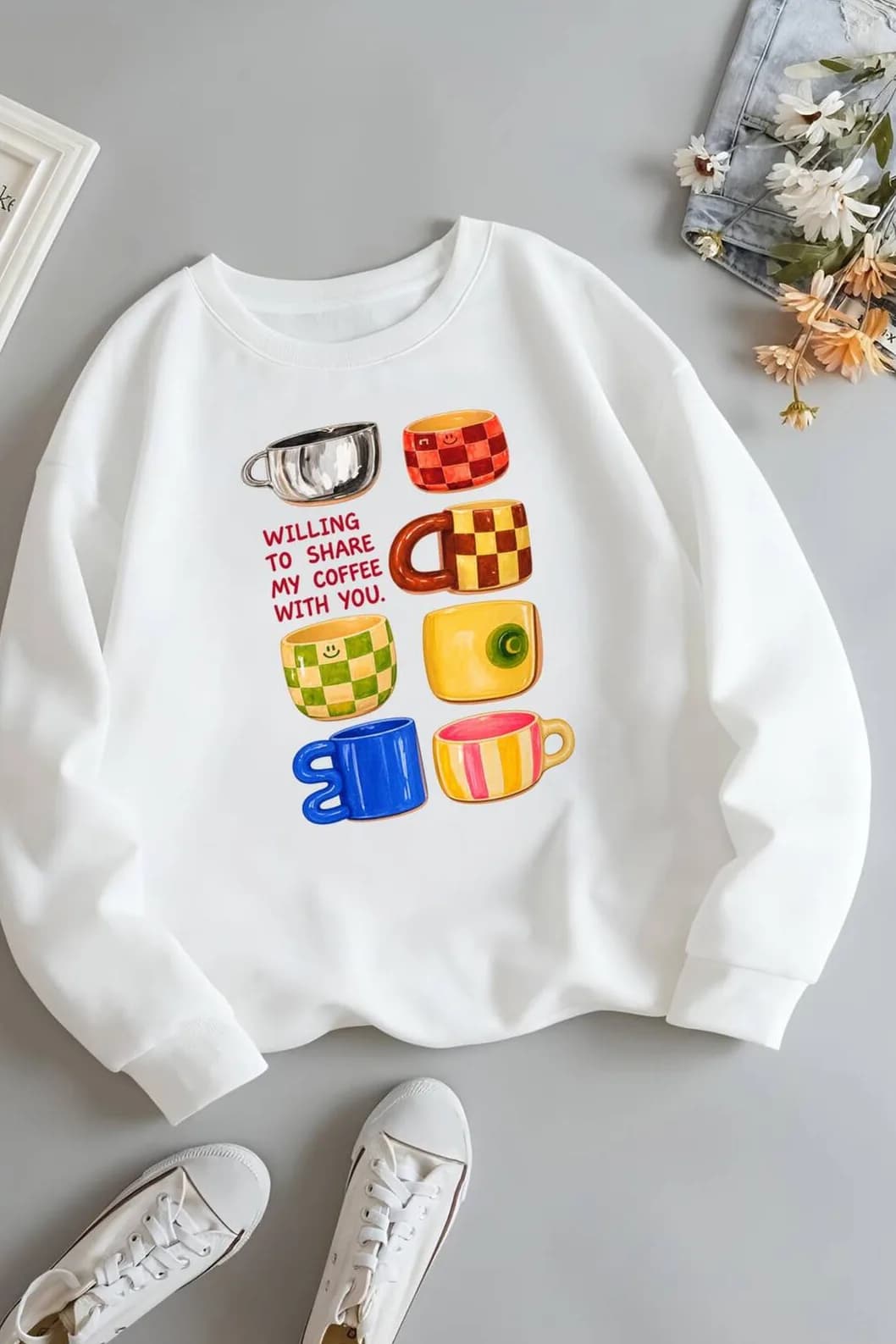 Kadın Fincan Baskılı Üç İplik Şardonlu Sweatshirt