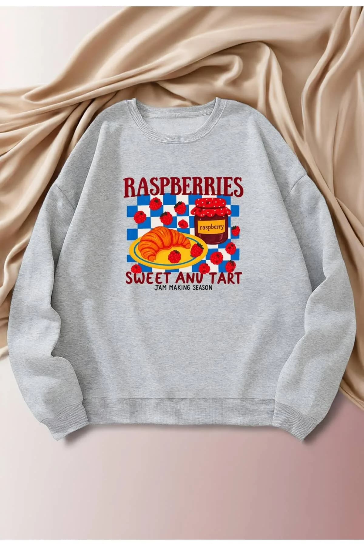 Kadın Kruvasan Baskılı Üç İplik Şardonlu Sweatshirt — Gri