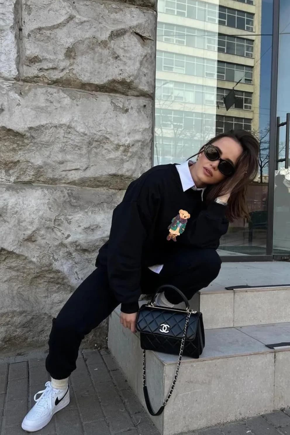 Teddy Bear Baskılı Organik Pamuk Sweatshirt — Siyah — görsel 3
