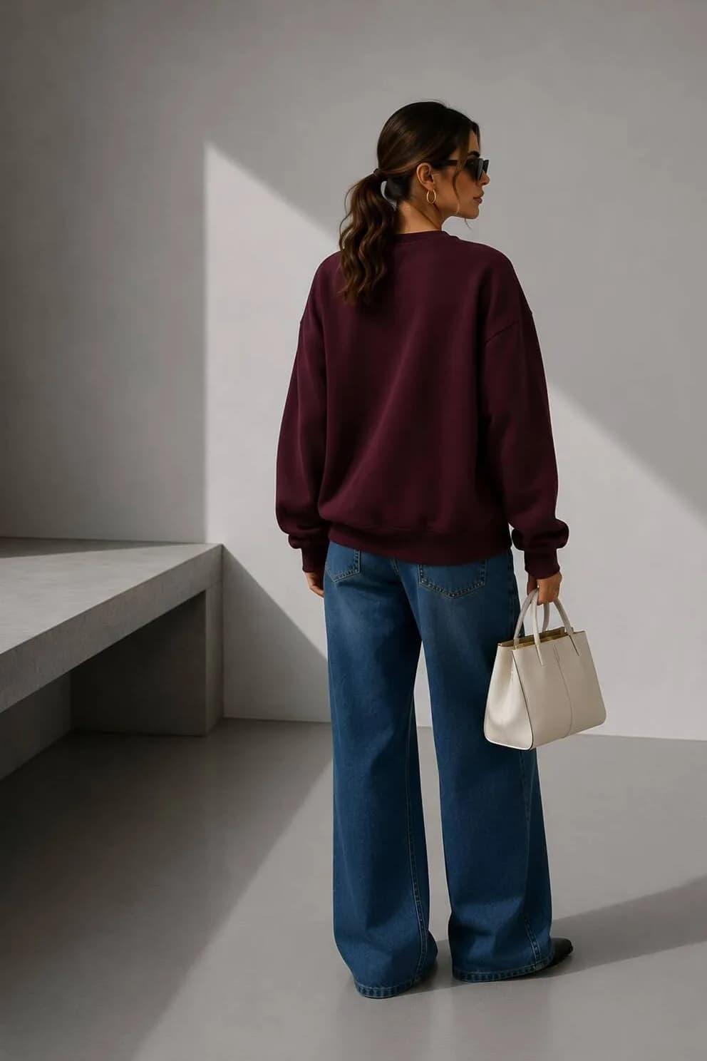 Kadın Üç İplik Şardonlu Pamuk Oversize Sweatshirt — Bordo — görsel 4
