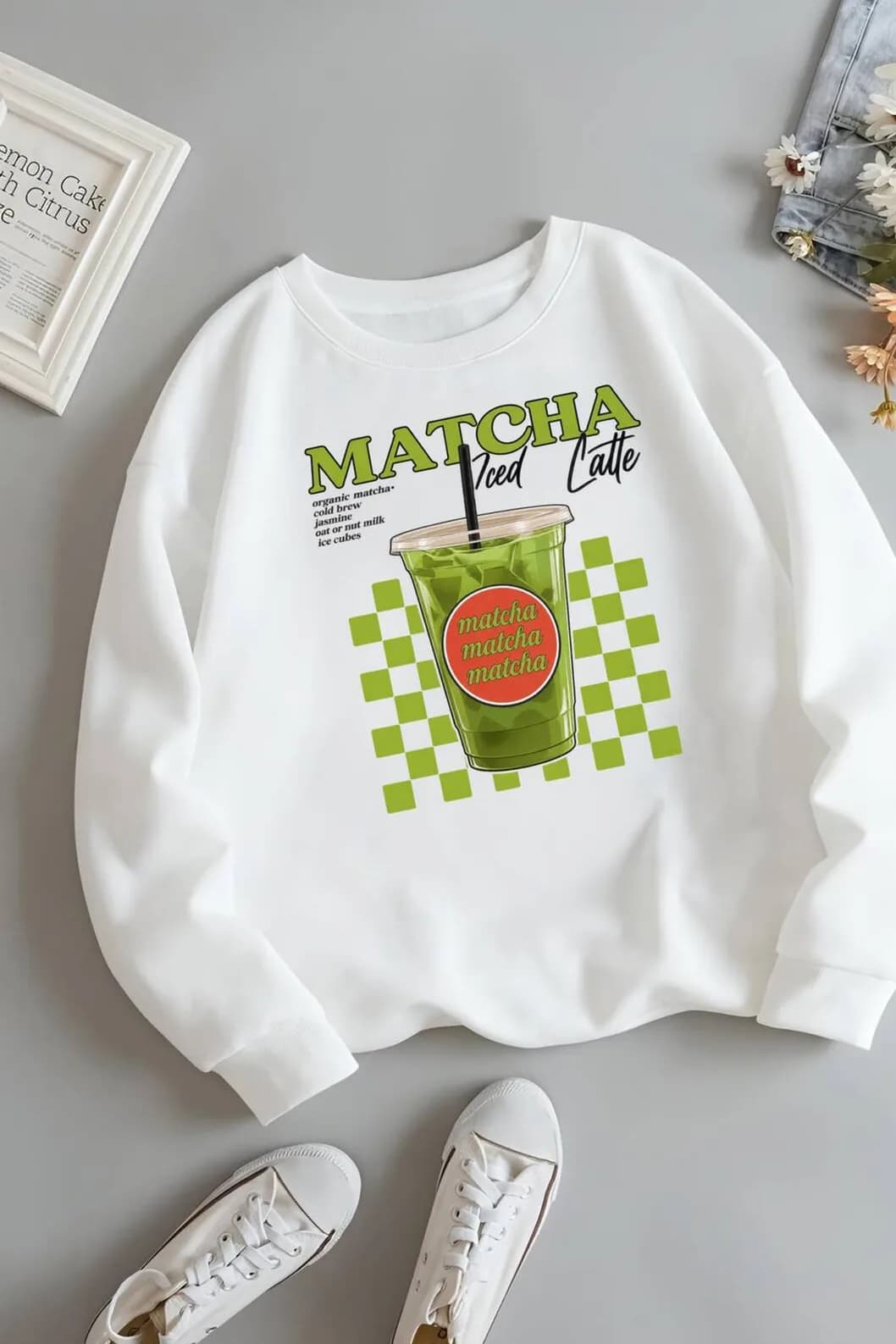 Kadın Matcha Baskılı Üç İplik Şardonlu Sweatshirt