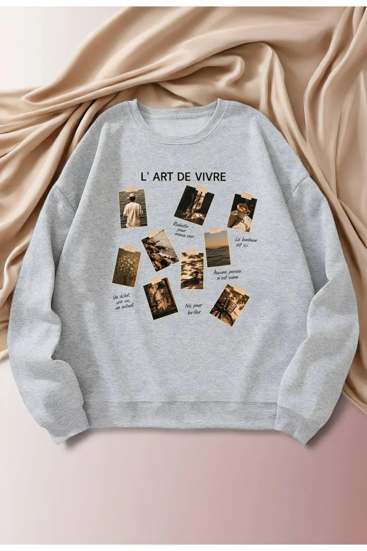 Kadın Görsel Baskılı Üç İplik Şardonlu Sweatshirt — Gri