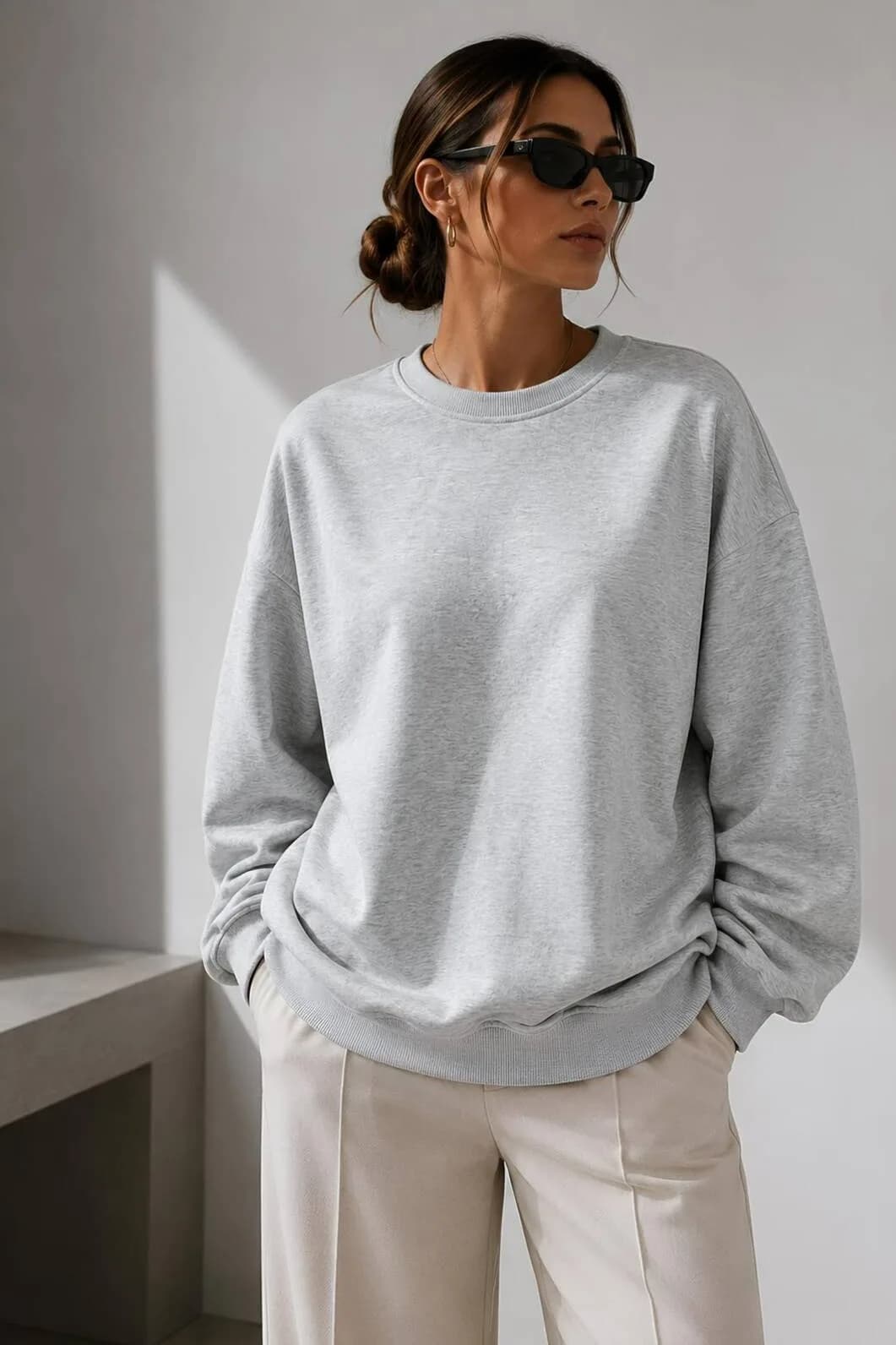 Kadın Üç İplik Şardonlu Pamuk Oversize Sweatshirt — Karmelanj Gri — görsel 3