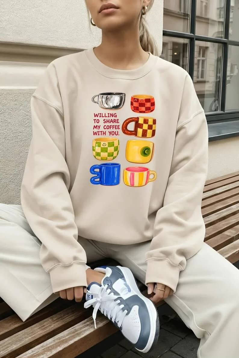 Kadın Fincan Baskılı Üç İplik Şardonlu Sweatshirt