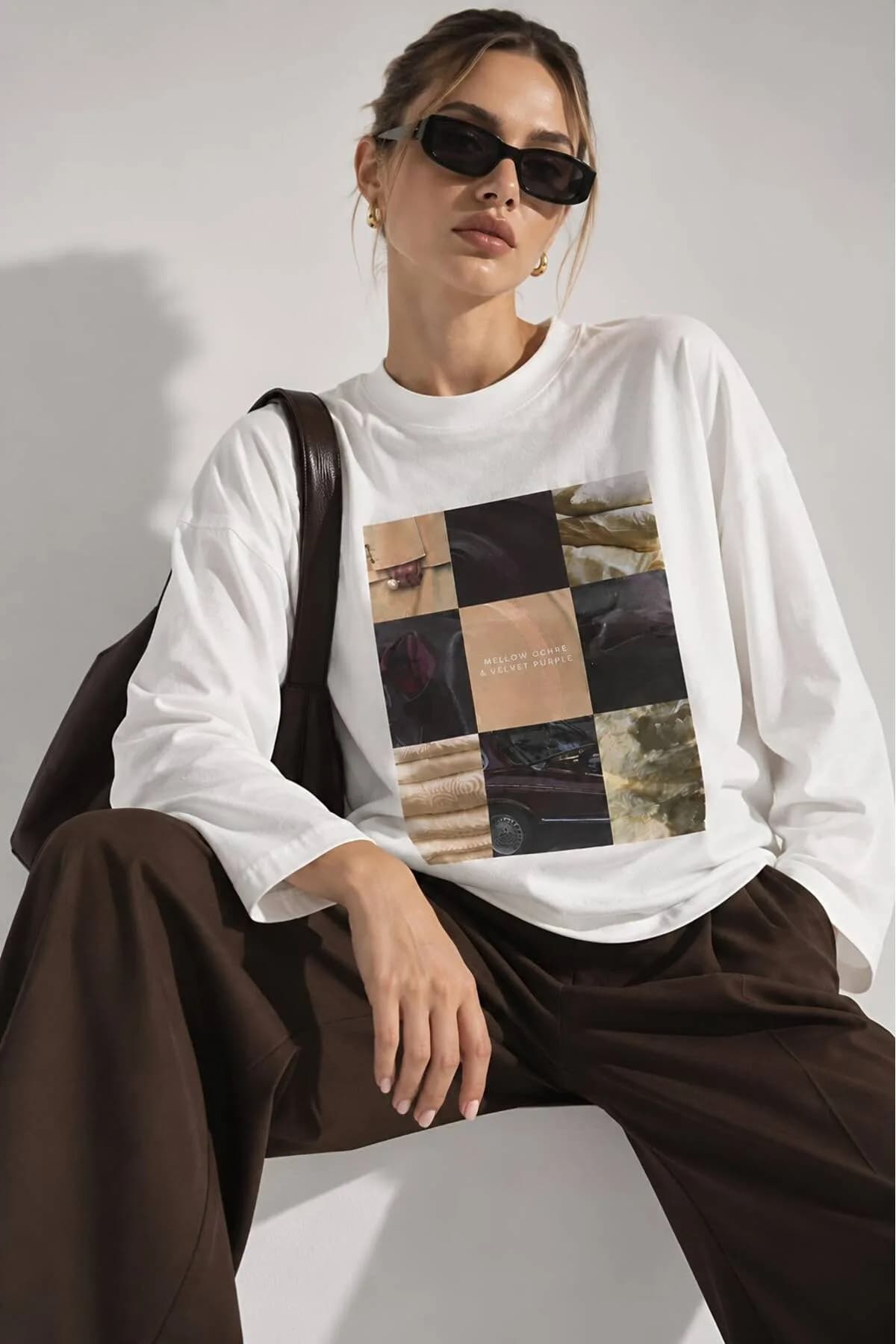Beyaz Mellow Baskılı Tesettüre Uygun Uzun Kollu T-Shirt