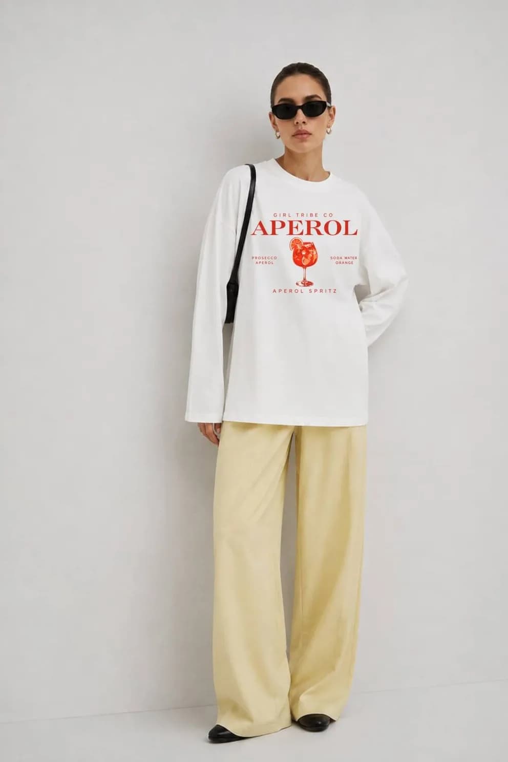 Beyaz Aperol Baskılı Tesettüre Uygun Uzun Kollu T-Shirt