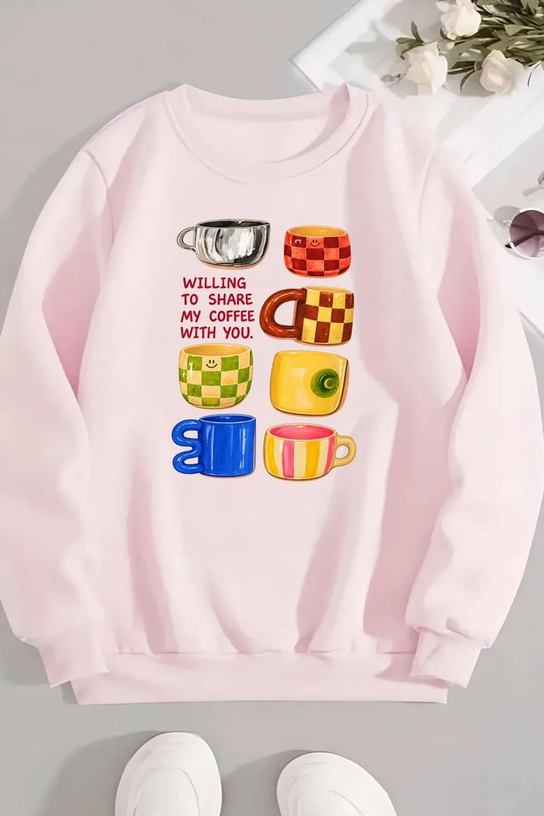 Kadın Fincan Baskılı Üç İplik Şardonlu Sweatshirt