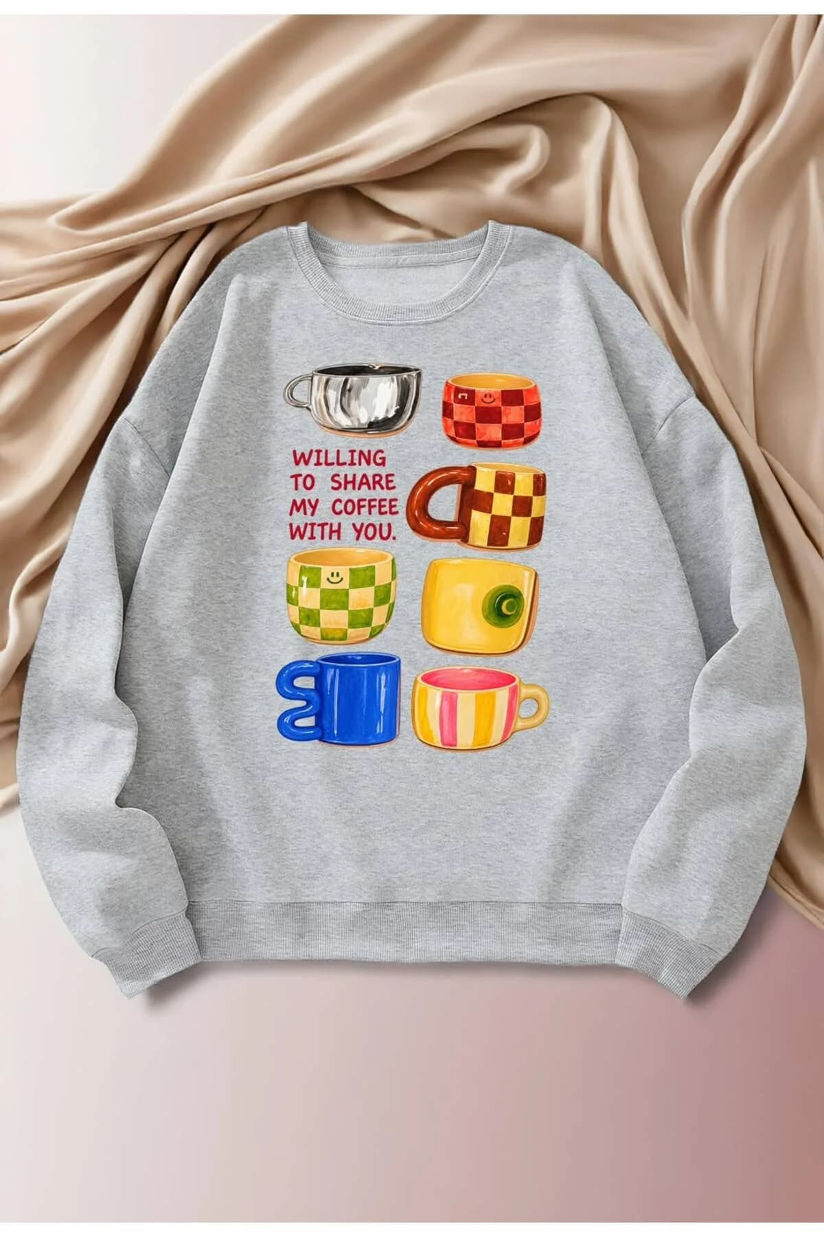 Kadın Fincan Baskılı Üç İplik Şardonlu Sweatshirt — Gri