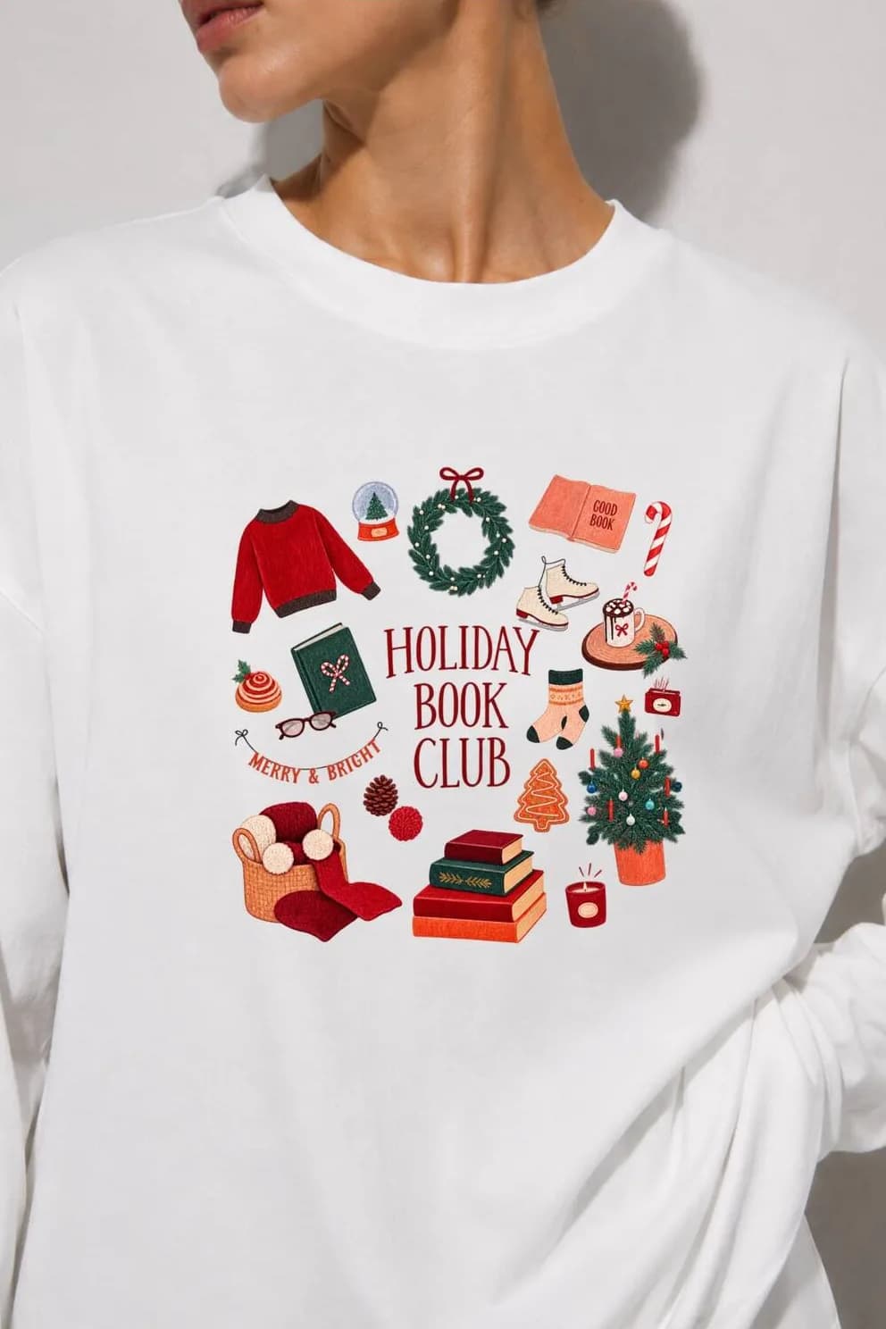 Beyaz Holiday Baskılı Tesettüre Uygun Uzun Kollu T-Shirt — Beyaz — görsel 3